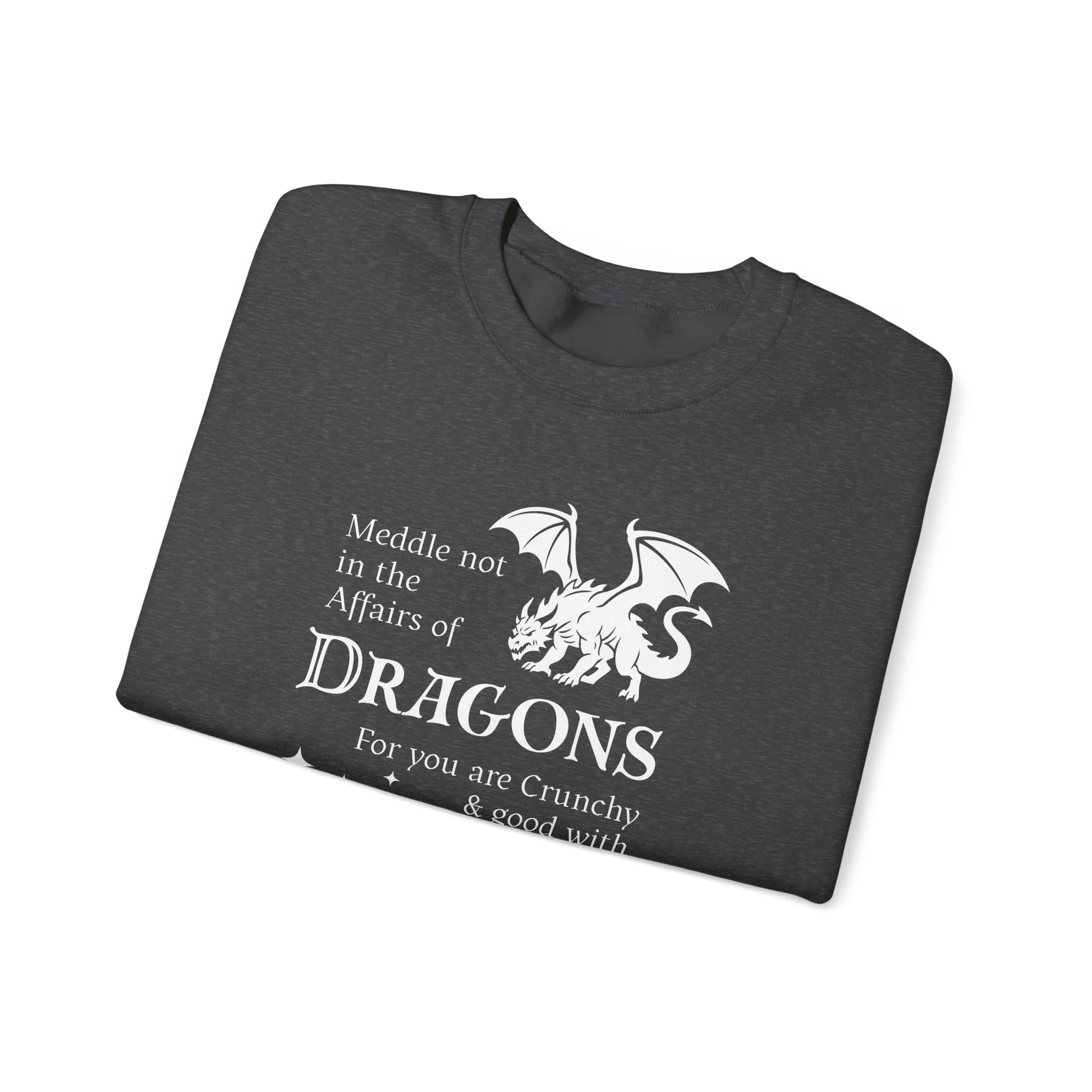 Dark heather gray folded sweatshirt showing white dragon artwork and whimsical lettering.