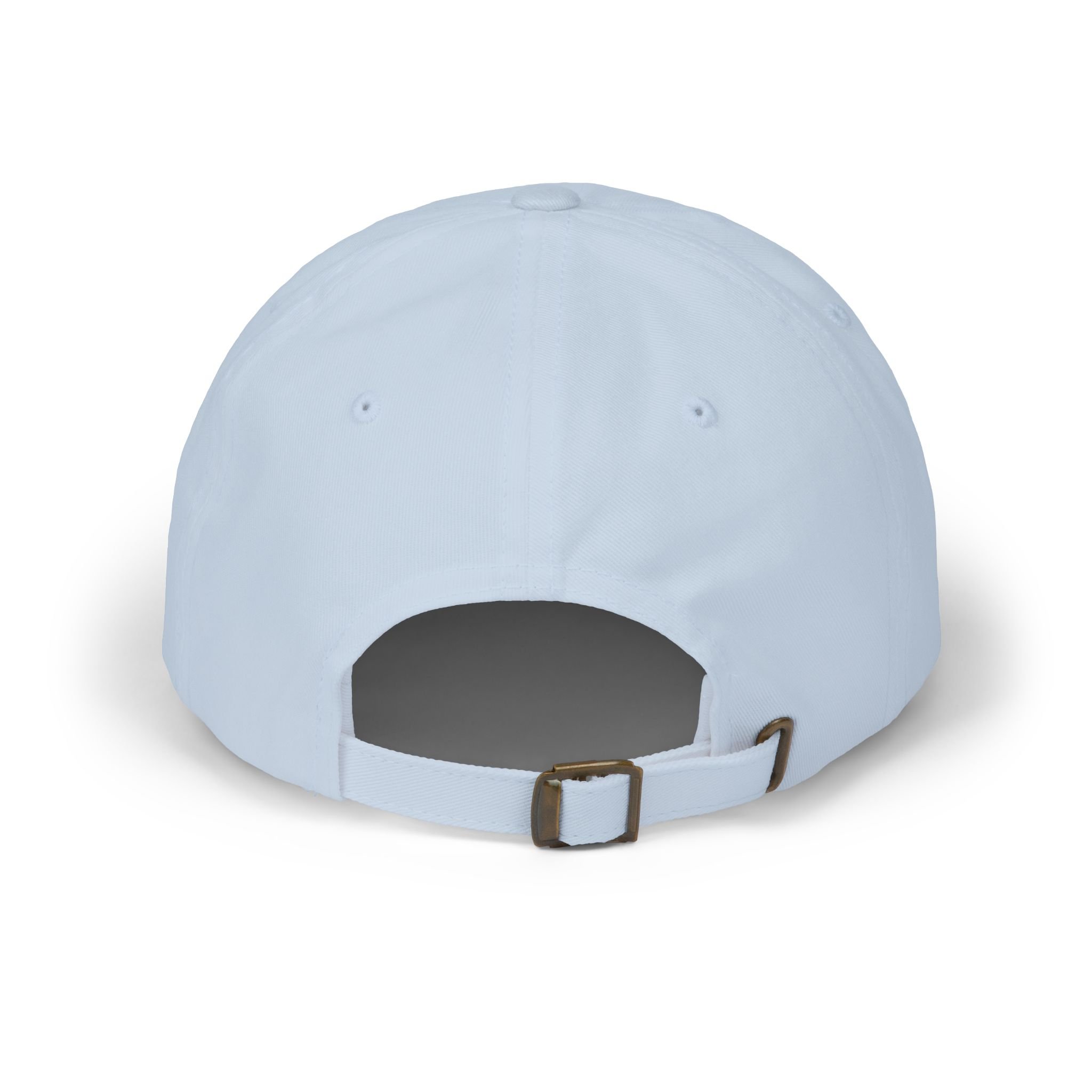 Back view of light blue dad cap showing adjustable strap and metal clasp