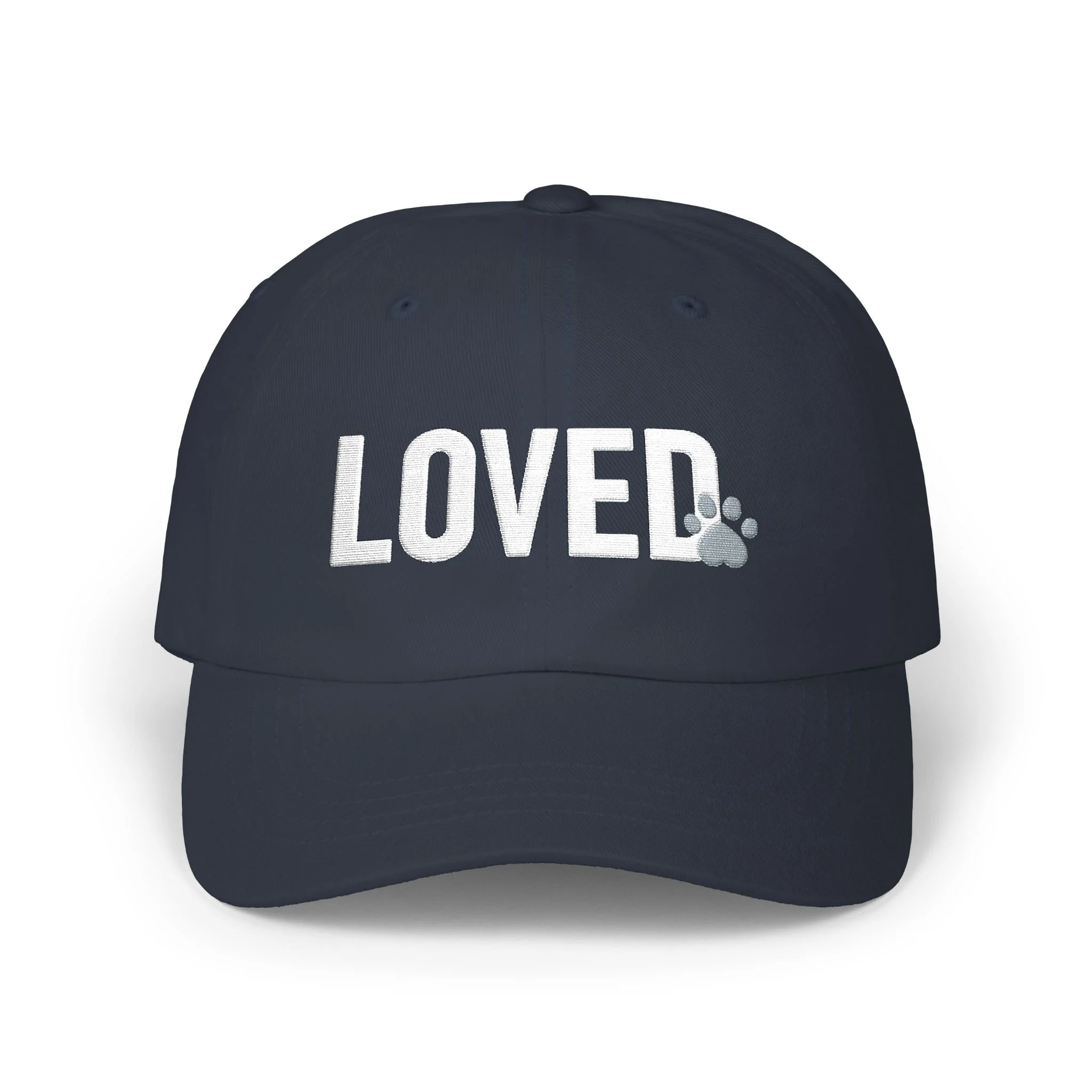 Front view of navy dad cap with white embroidered LOVED text
