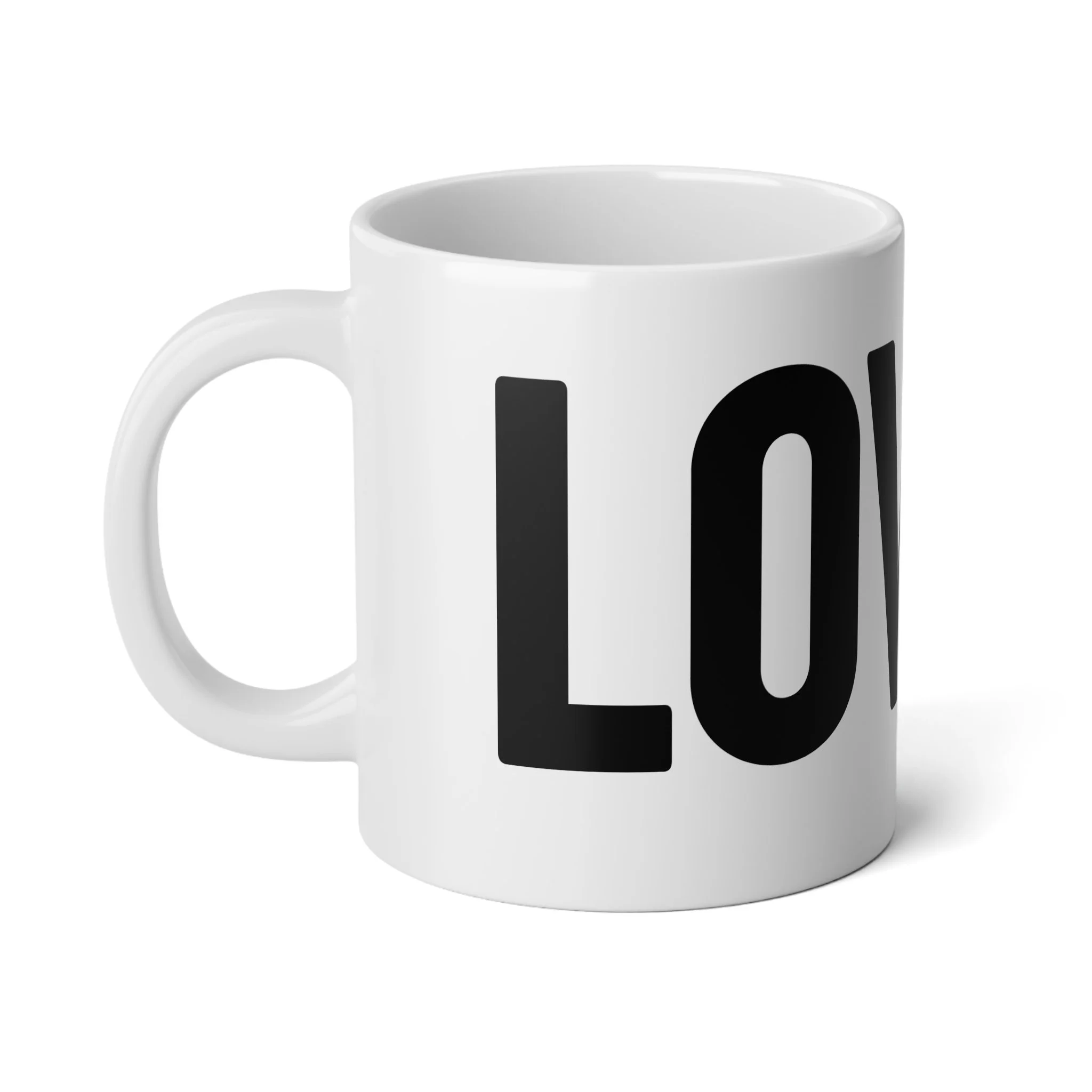 Front view of white ceramic mug featuring bold black LOVED lettering