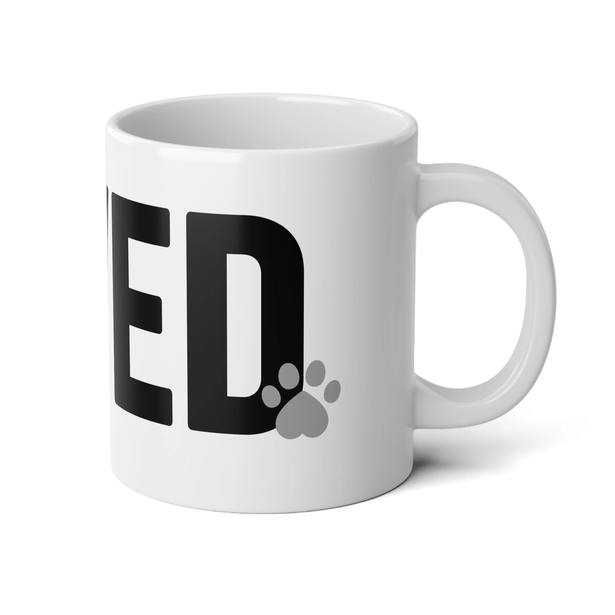 Front view of white dog lover mug with LOVED text and small paw print accent