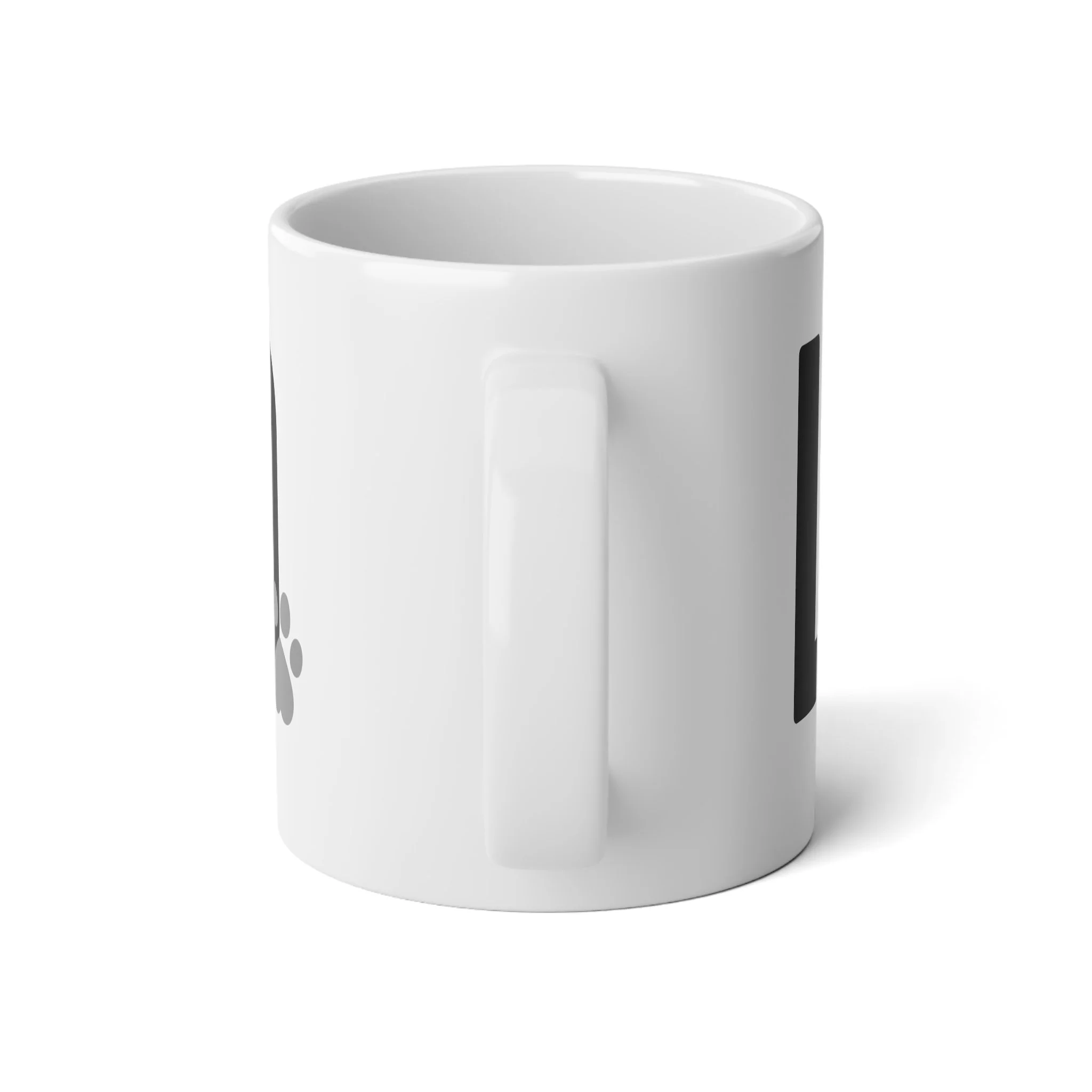 Back view of white ceramic mug showing handle and minimalist paw print detail