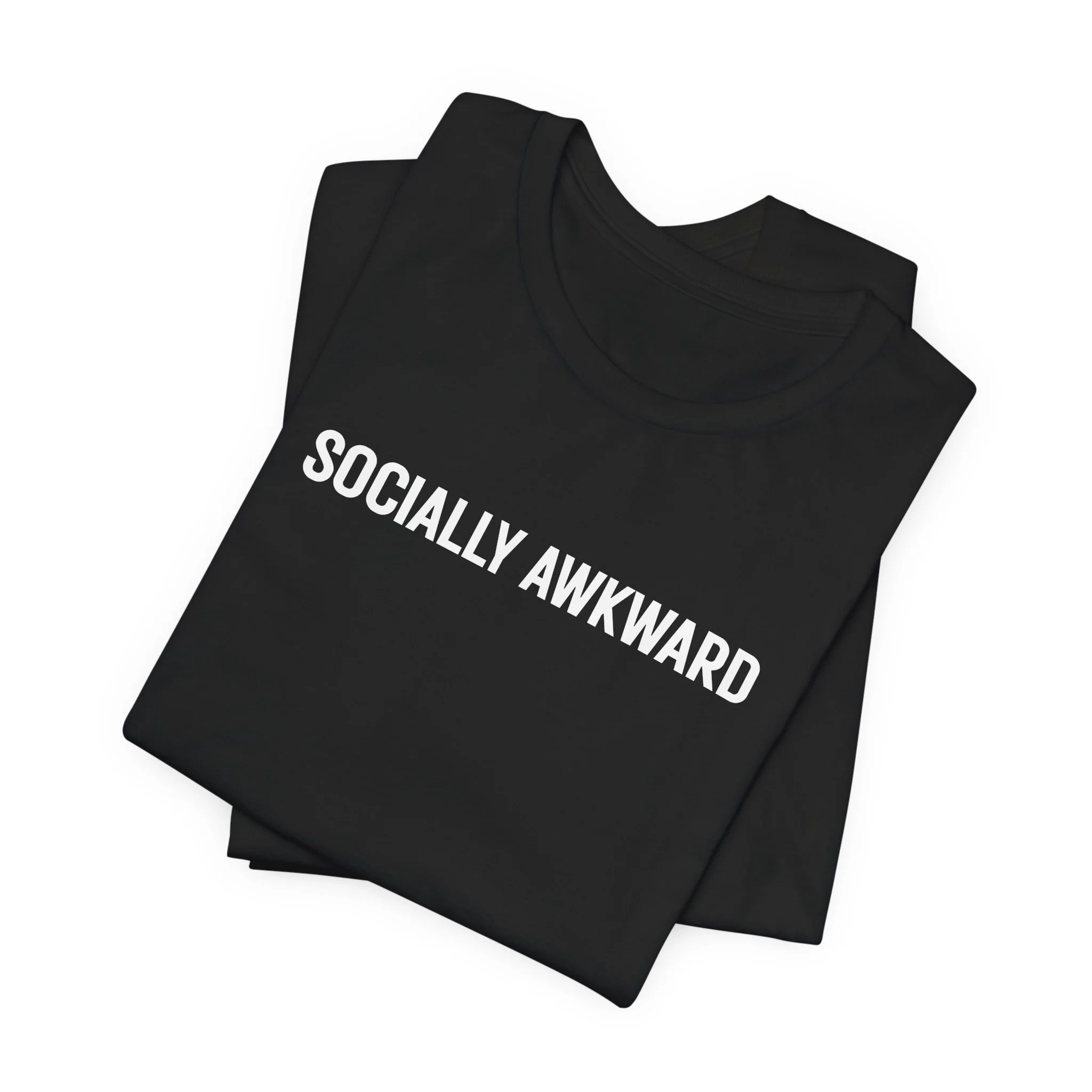 Folded black unisex t shirt displaying socially awkward minimalist text design