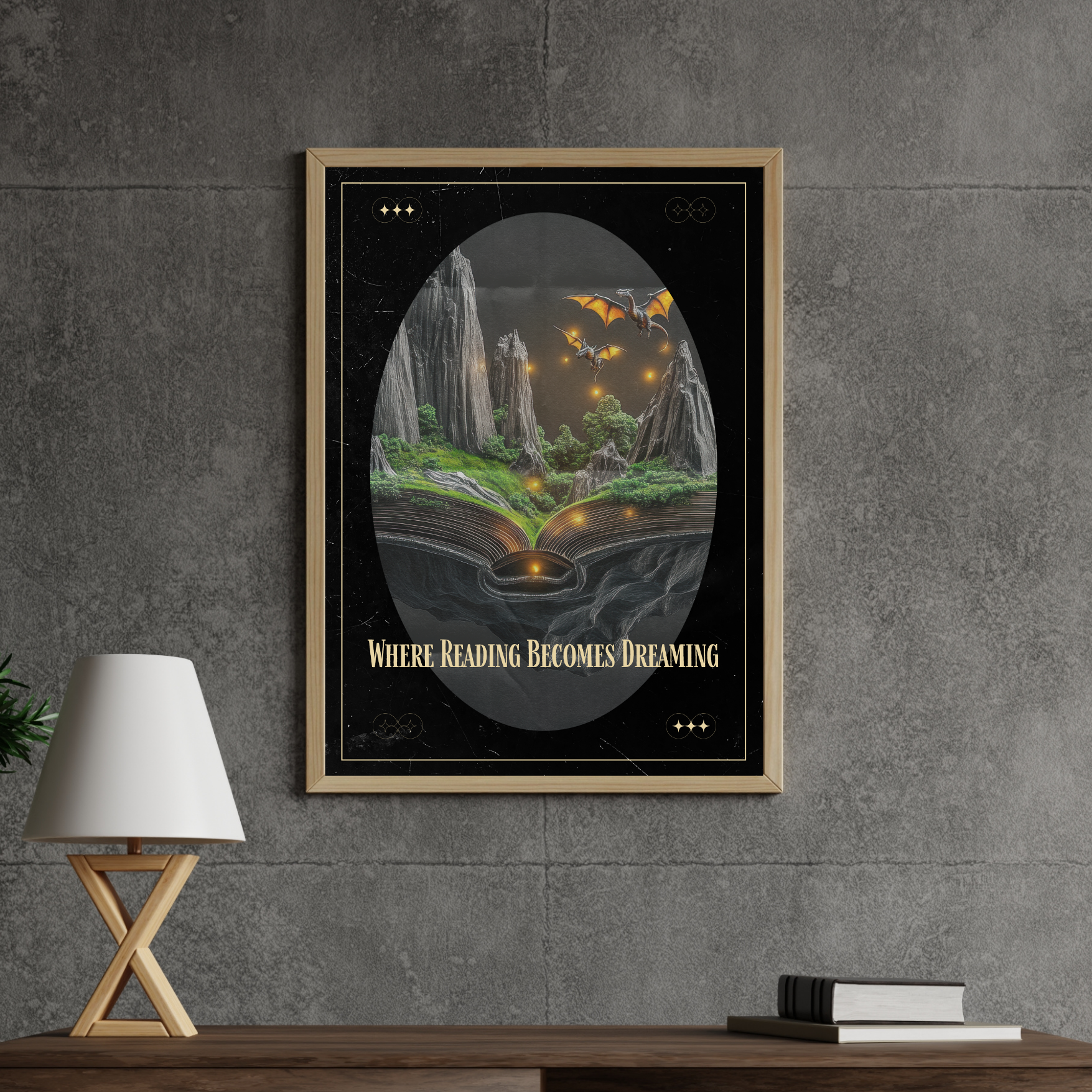 Fantasy book wall art print displayed above a wooden console table with lamp, featuring glowing fireflies and storybook landscape