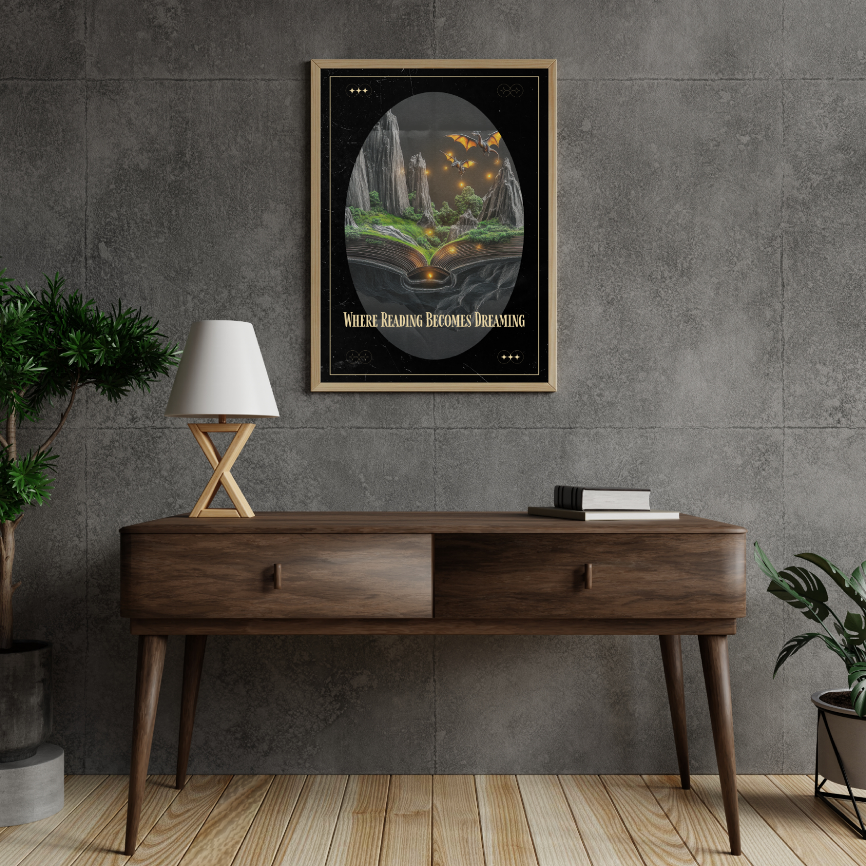 Whimsical fantasy book art print hanging in a cozy reading nook with neutral decor and warm lighting