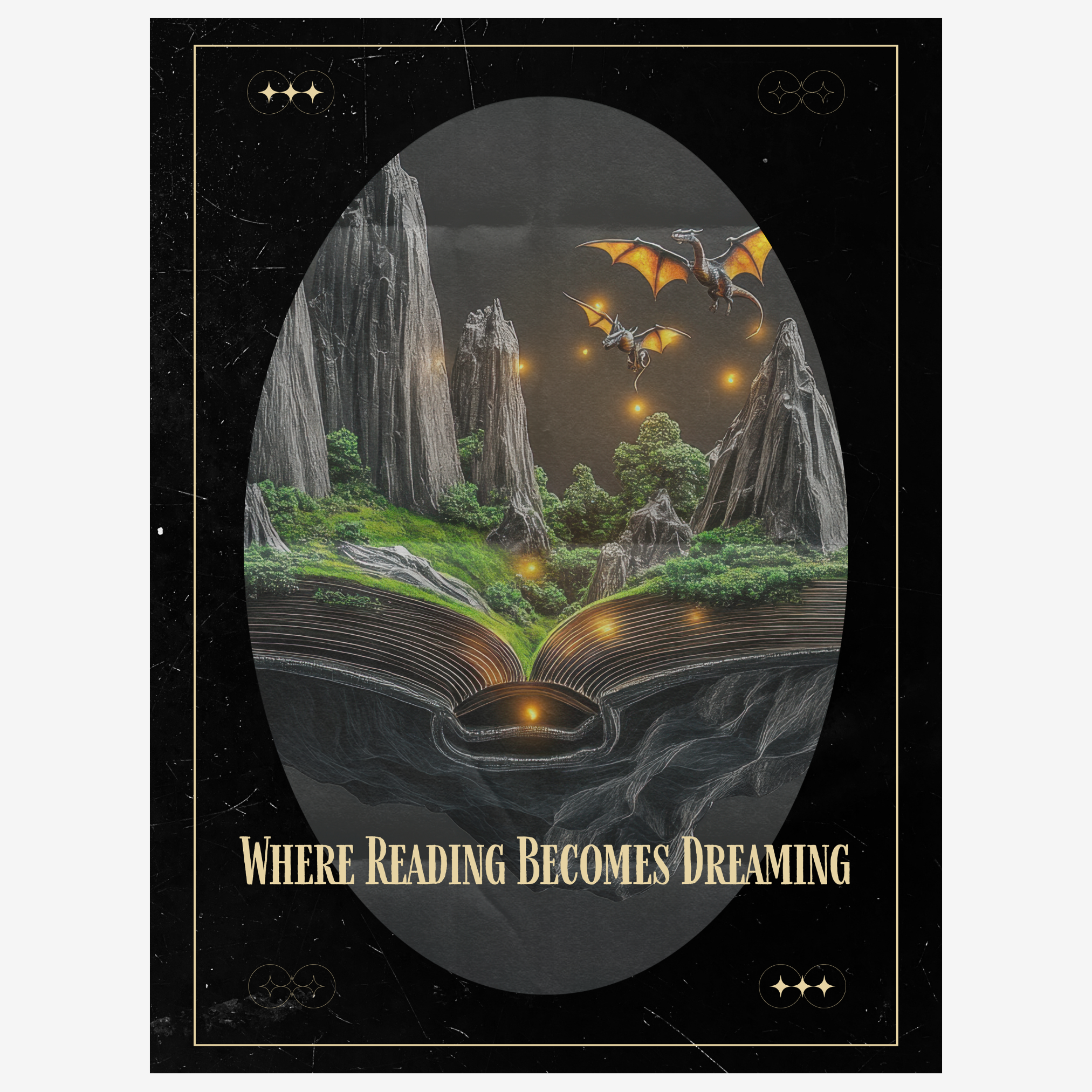 Close-up of fantasy book illustration showing open book transforming into a glowing dream landscape with fireflies and cliffs