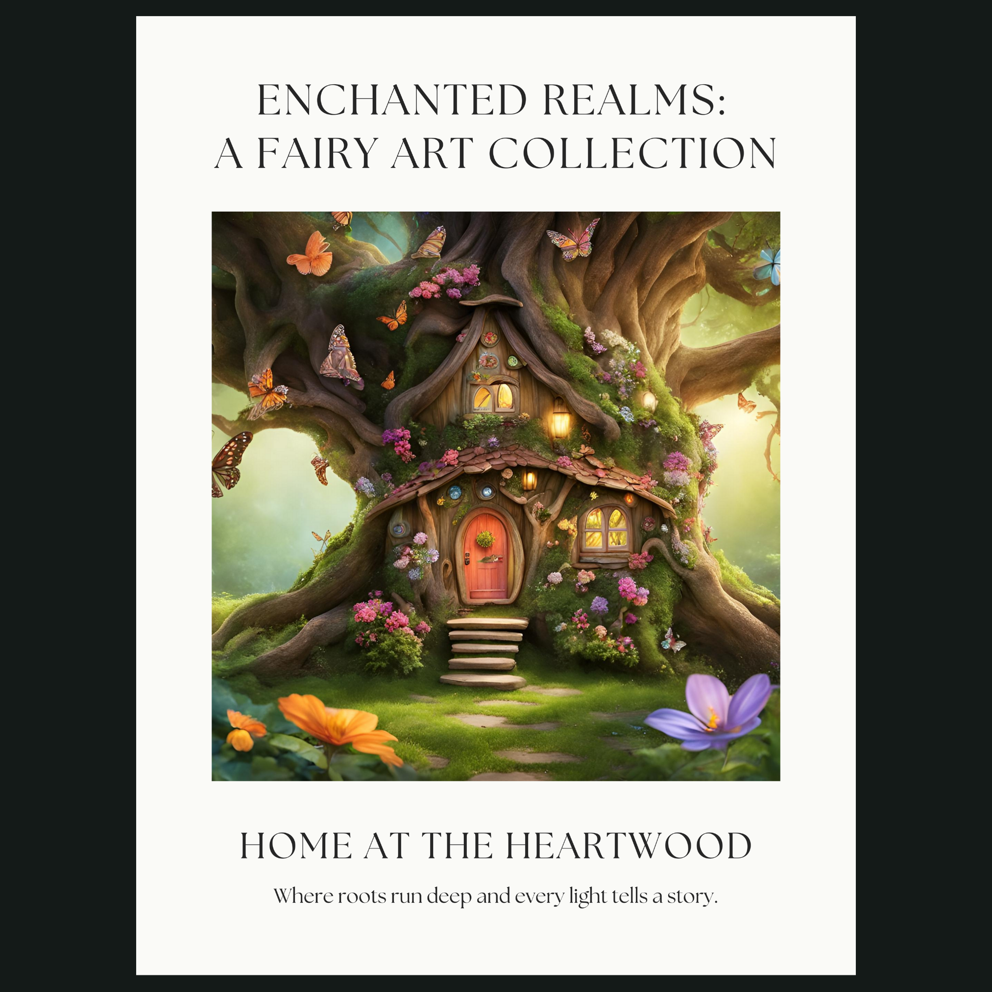Close-up of enchanted fairy illustration showing a glowing tree house, twisting roots, moss, and woodland details
