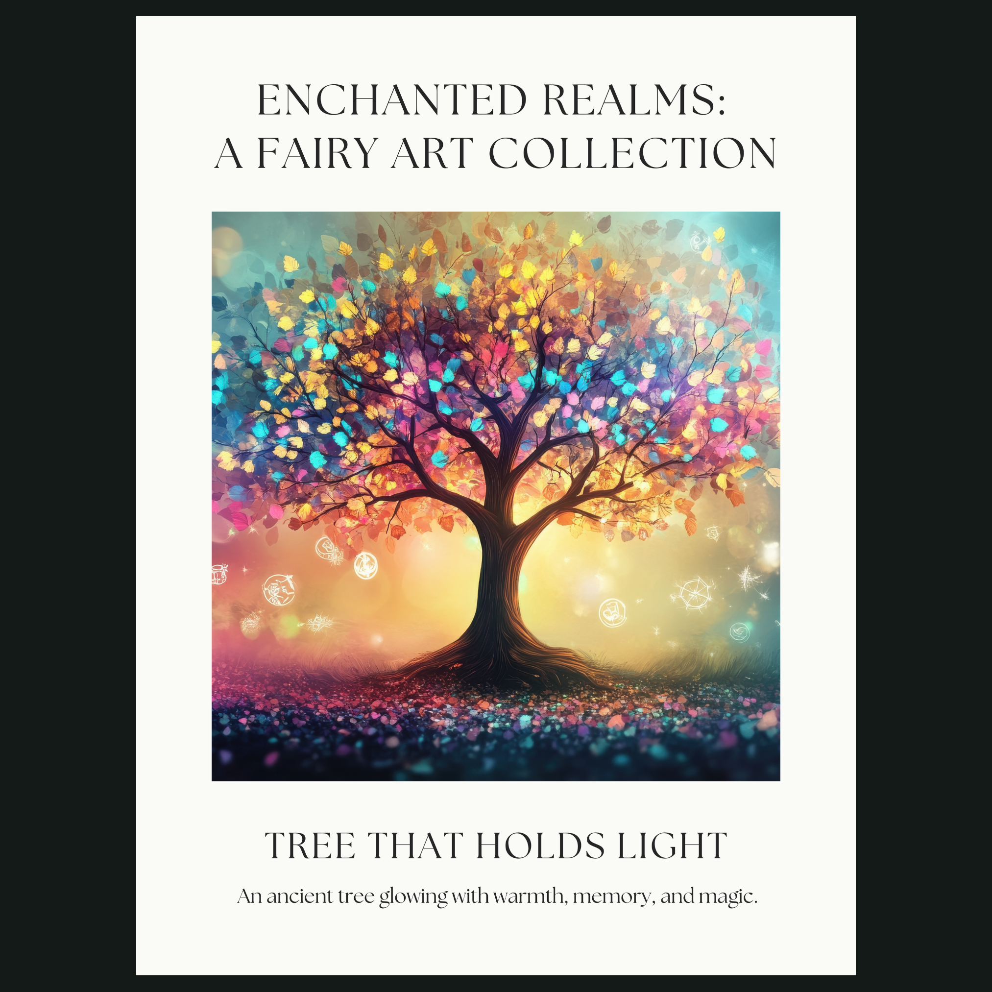 Close-up of enchanted tree illustration showing luminous leaves, glowing light, and rich fantasy colors