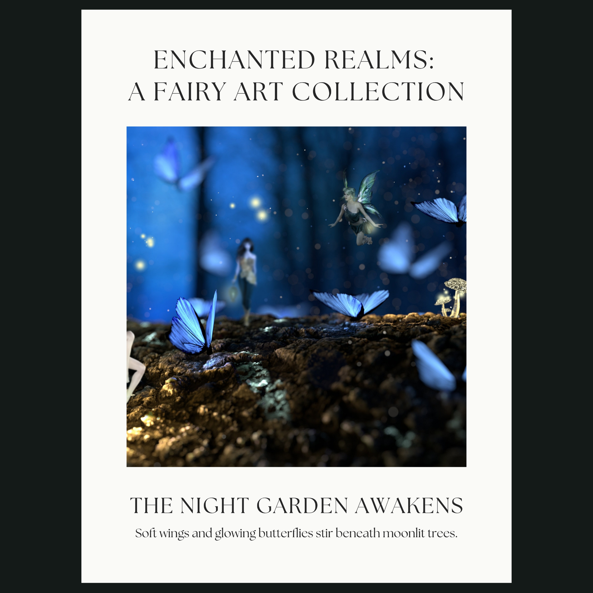 Close-up of enchanted night garden illustration showing glowing leaves, delicate wings, and firefly-like lights in deep blue tones