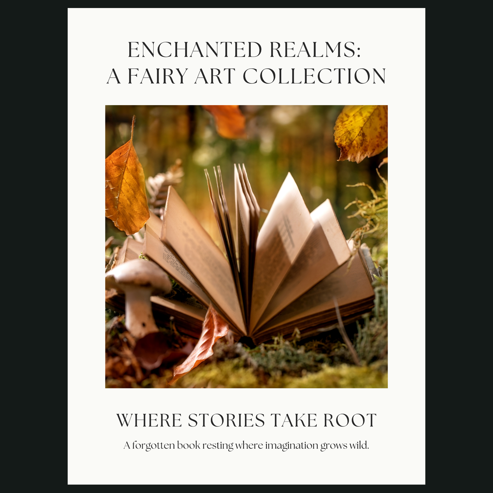 Close-up of enchanted book illustration showing open pages, fallen leaves, and warm woodland light