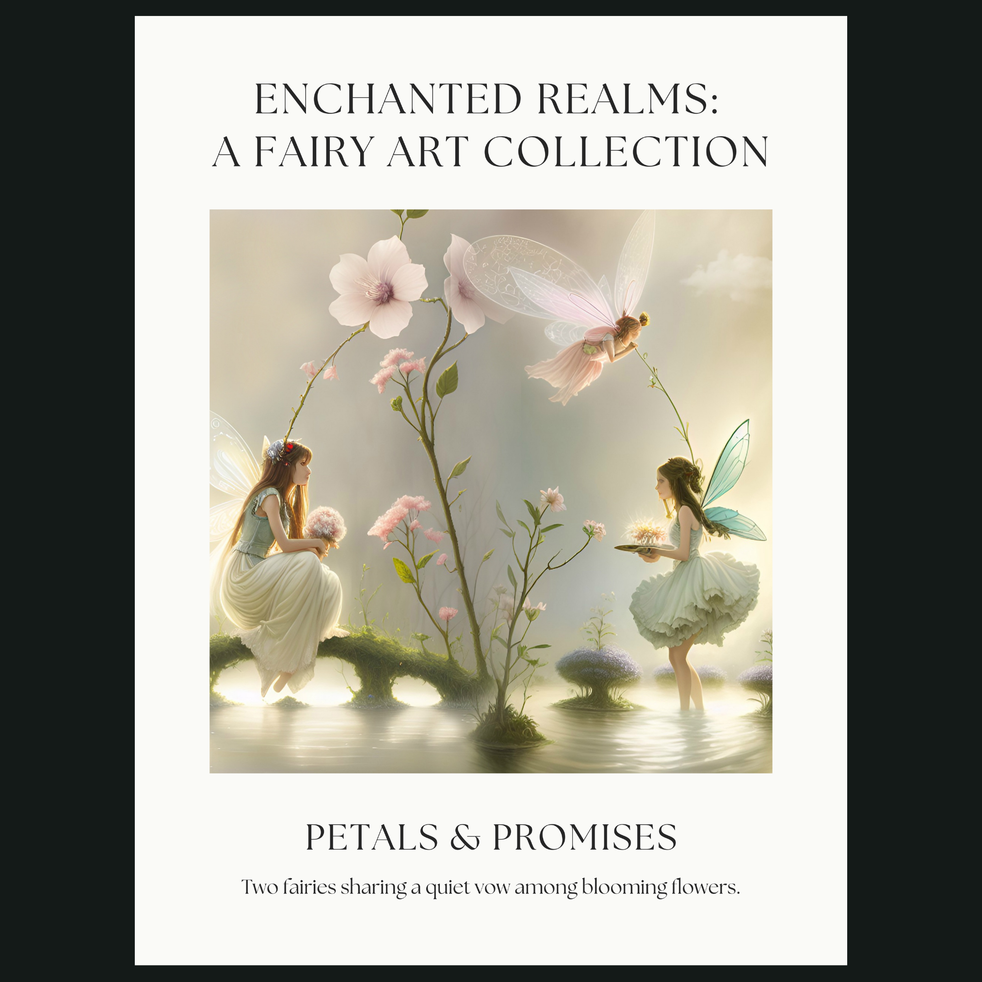 Close-up of enchanted fairy illustration showing blooming flowers, soft petals, and warm glowing garden light