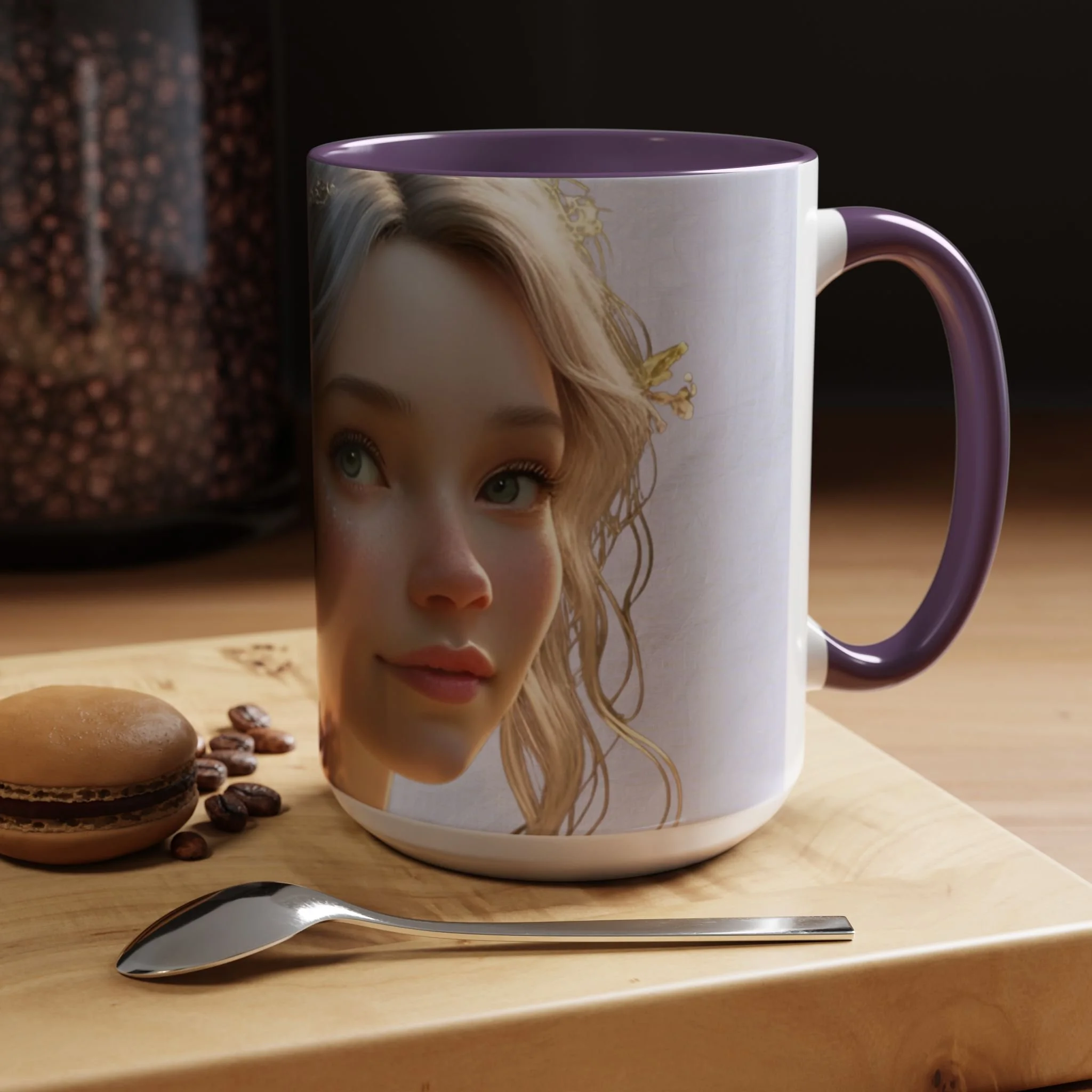 Lifestyle view of lavender fairy mug with deep purple interior and handle, wraparound fairy artwork, and cozy tabletop setting