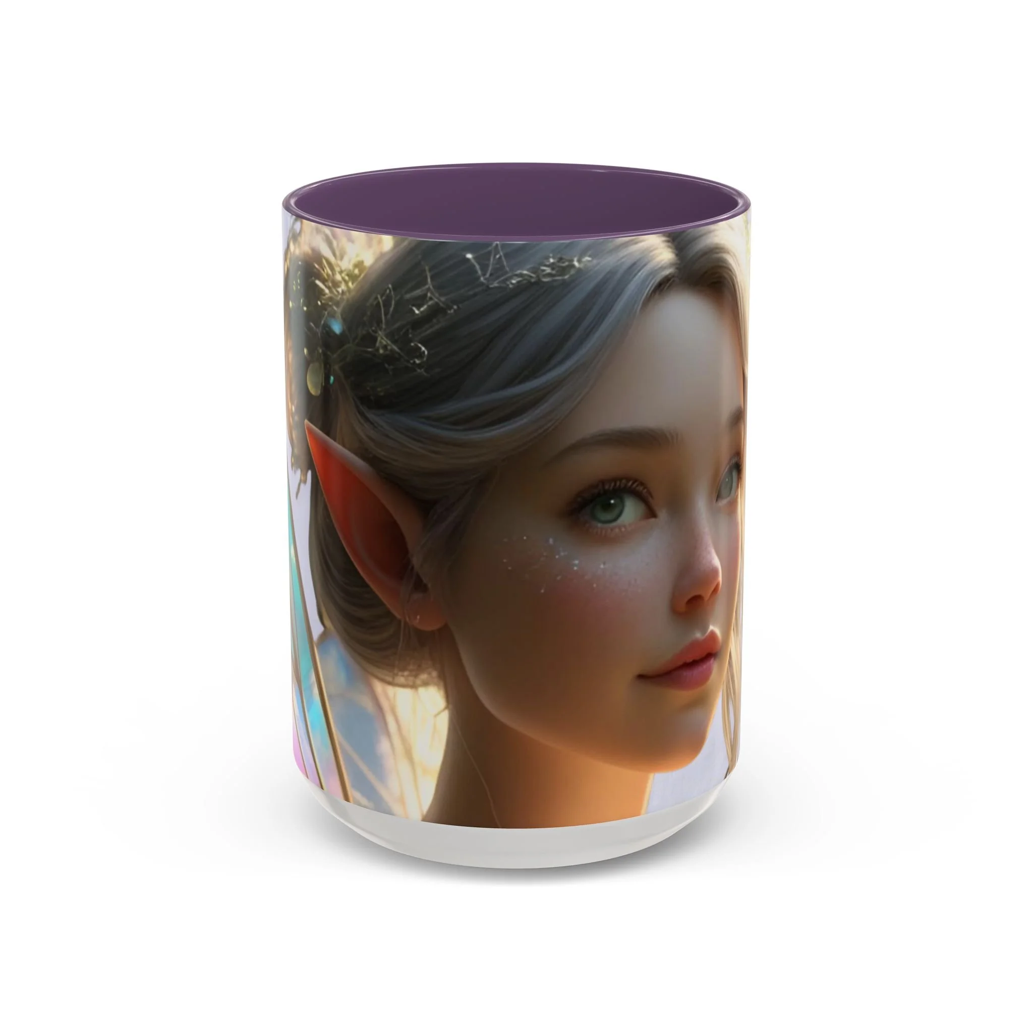 Front view of lavender fairy mug with deep purple interior featuring close-up fairy portrait artwork