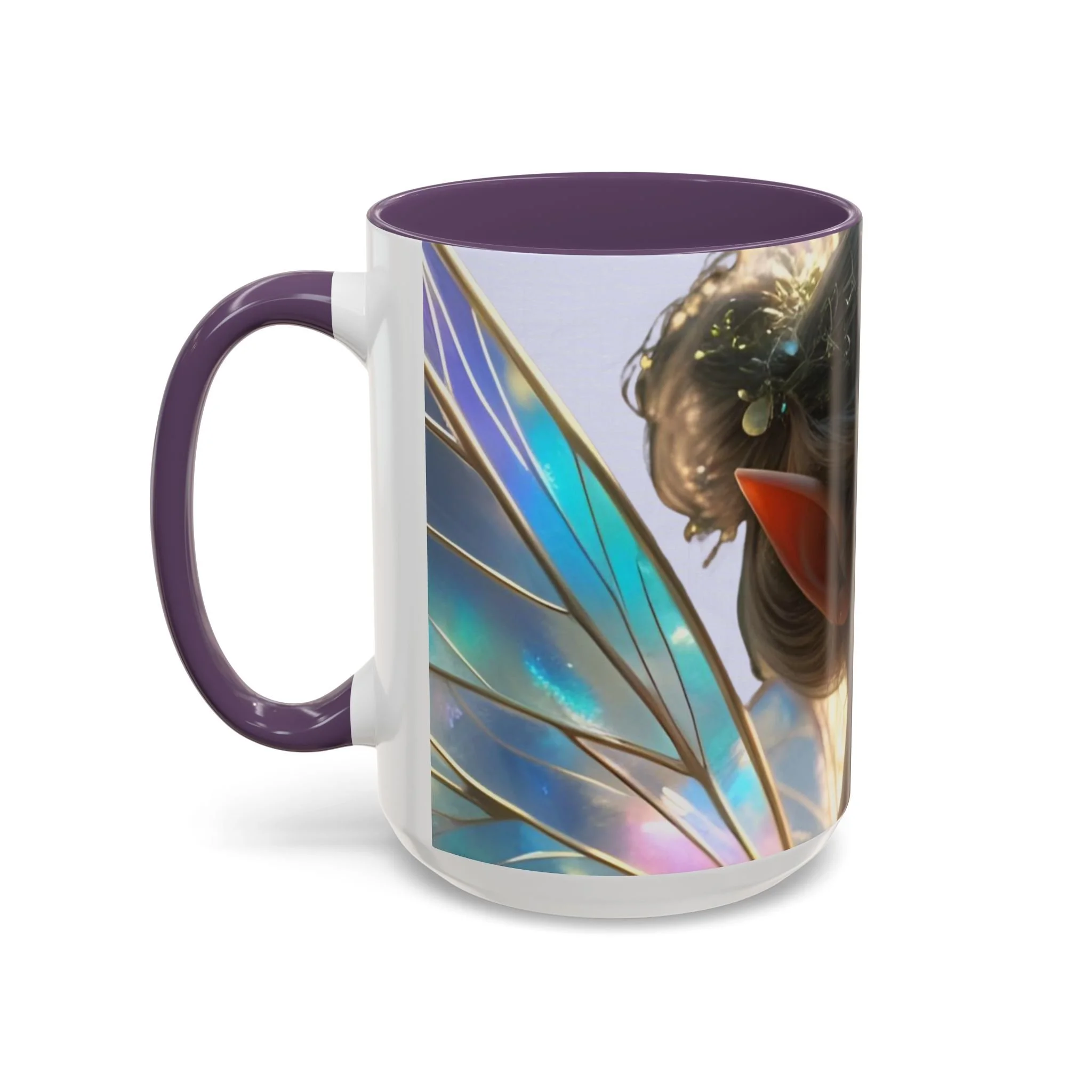 Side view of lavender fairy mug with deep purple interior highlighting colorful fairy wing details in wraparound design