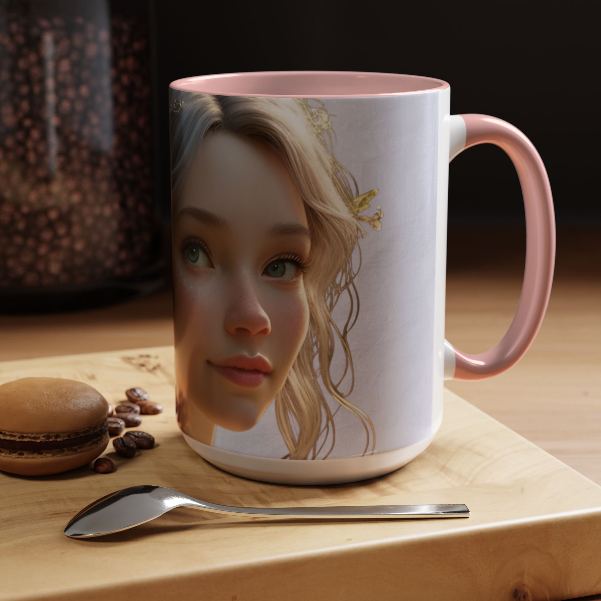 Lifestyle view of lavender fairy mug with soft pink interior, wraparound fairy artwork, and delicate wings on a wooden table with spoon and cookies