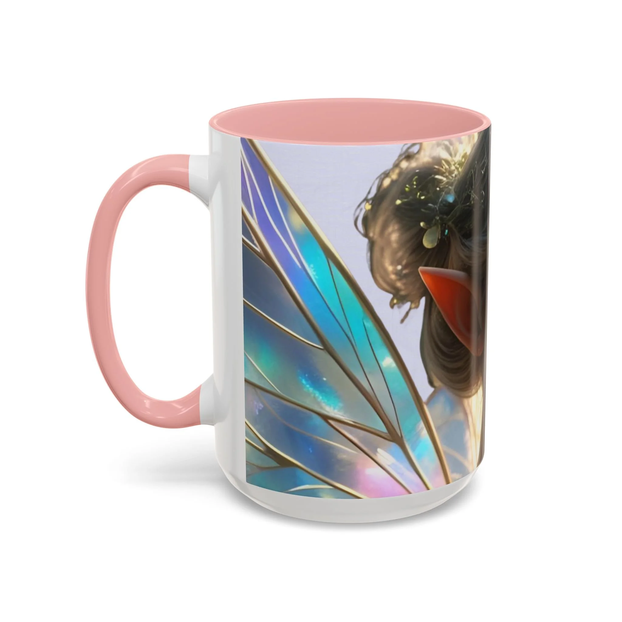 Side view of lavender fairy mug with soft pink interior highlighting iridescent fairy wings in wraparound design