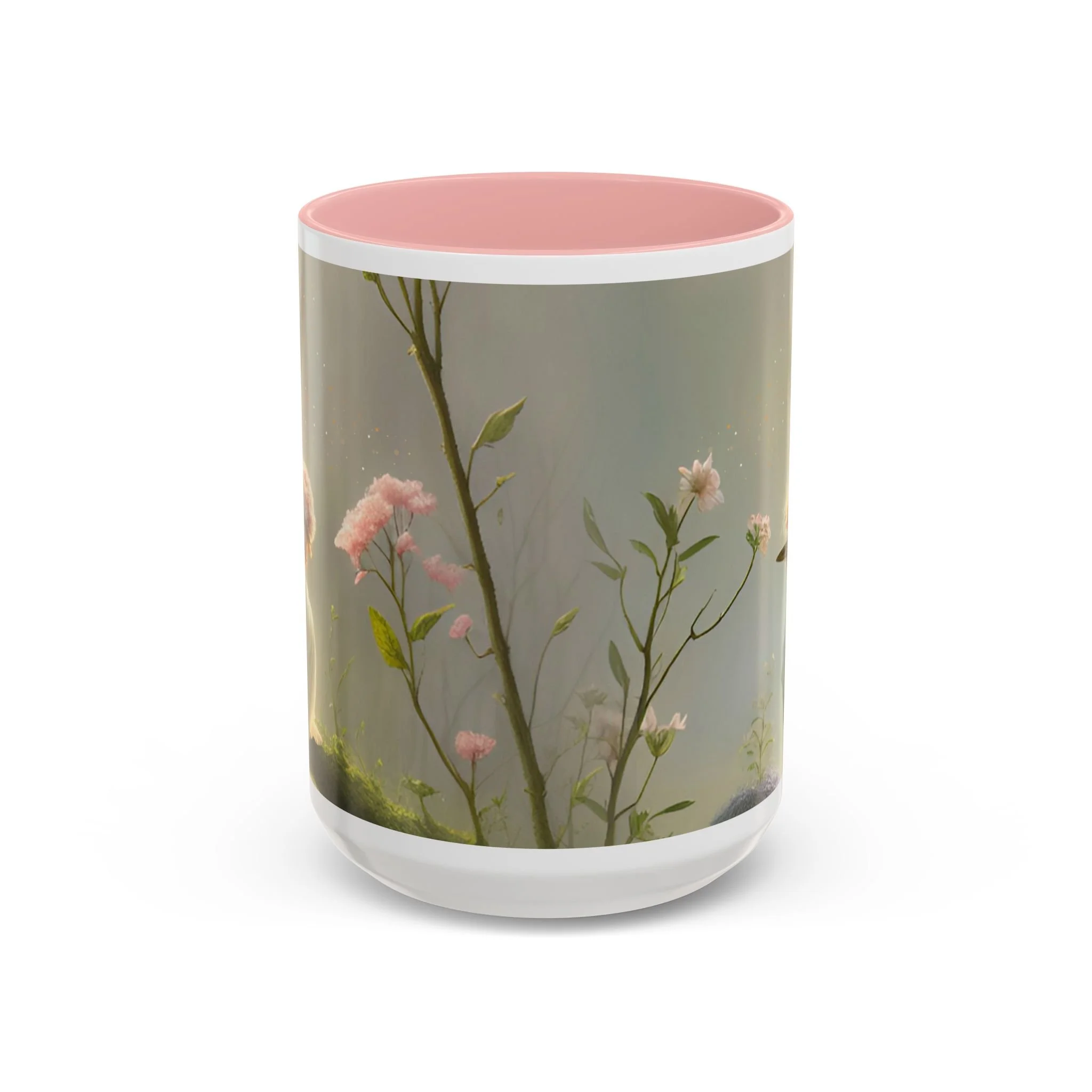 Side view of lavender fairy mug with soft pink interior highlighting delicate floral stems in wraparound design