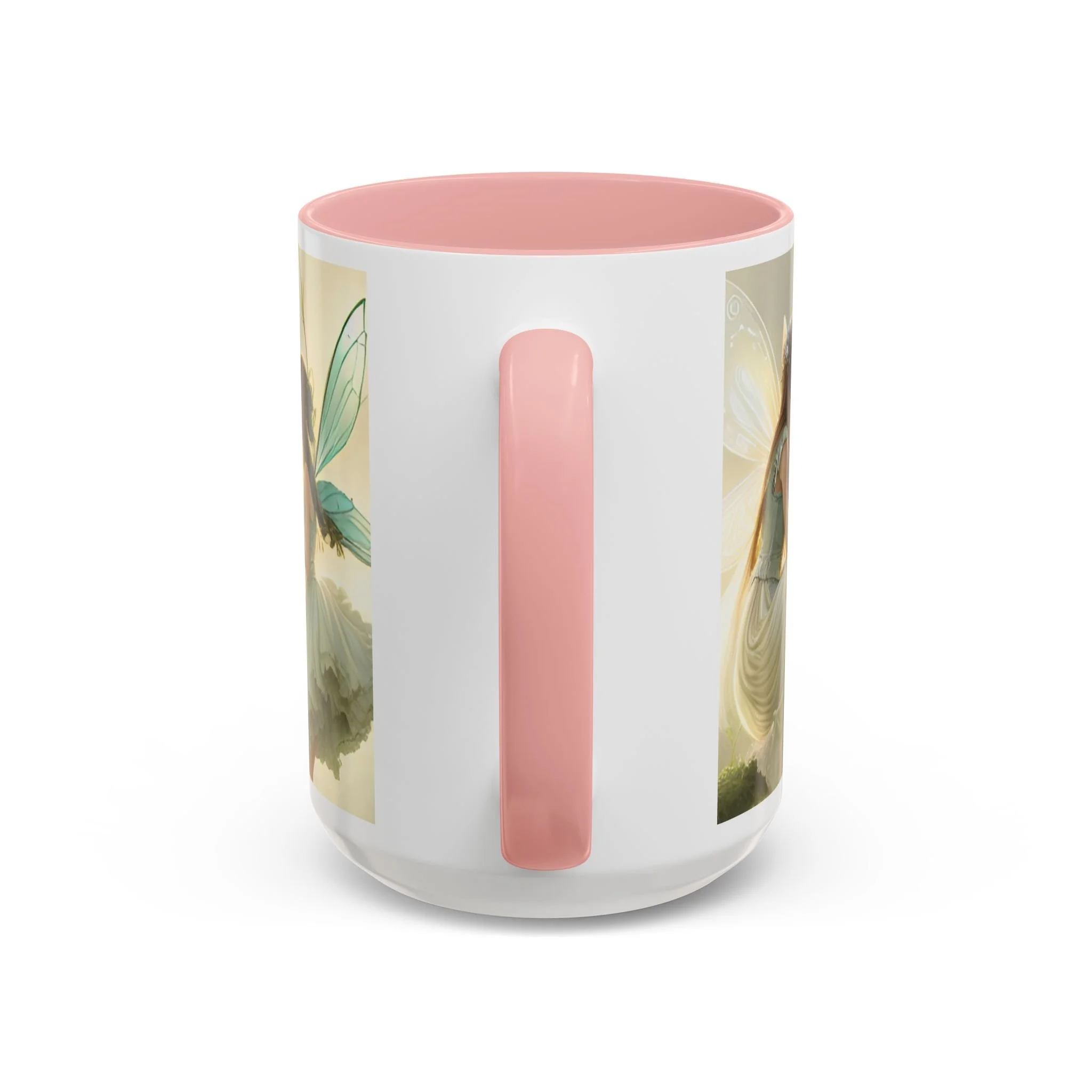 Back view of lavender fairy mug with soft pink handle and interior showing clean wraparound artwork placement