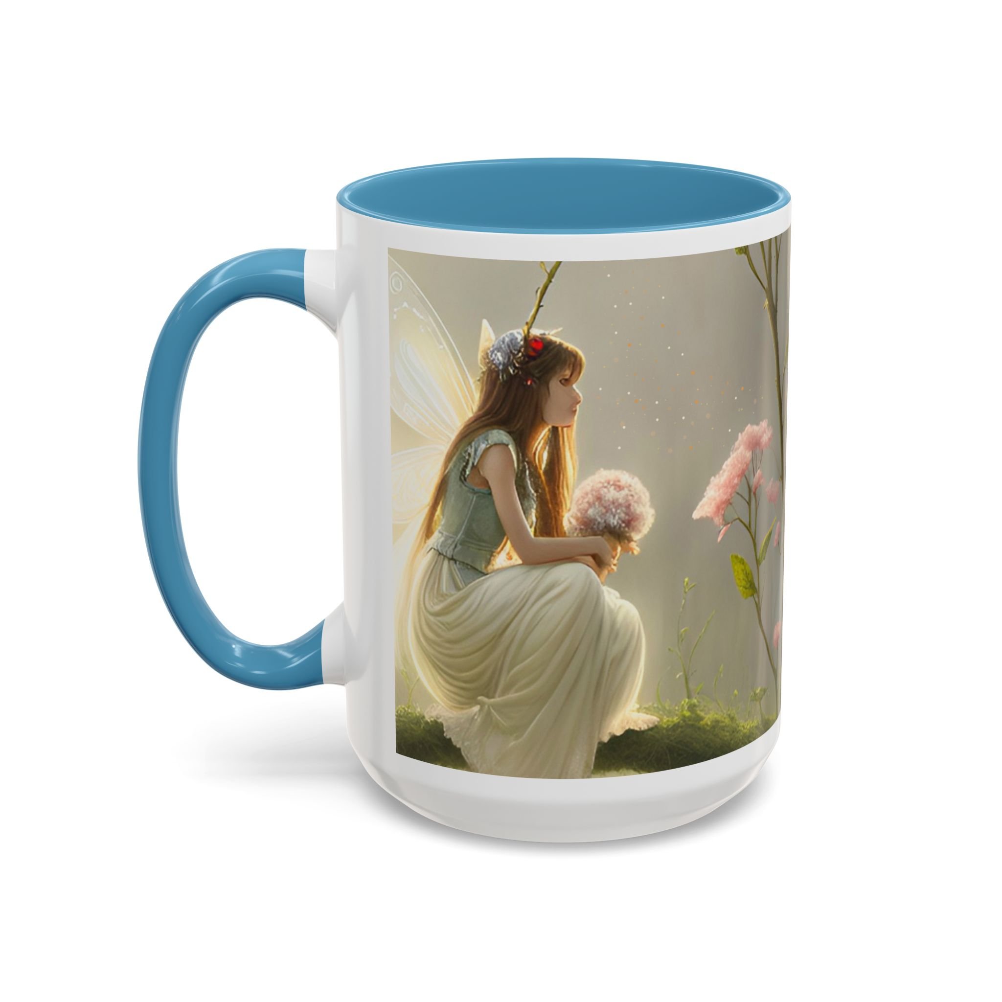 Front view of lavender fairy mug with light blue interior featuring seated fairy holding flowers