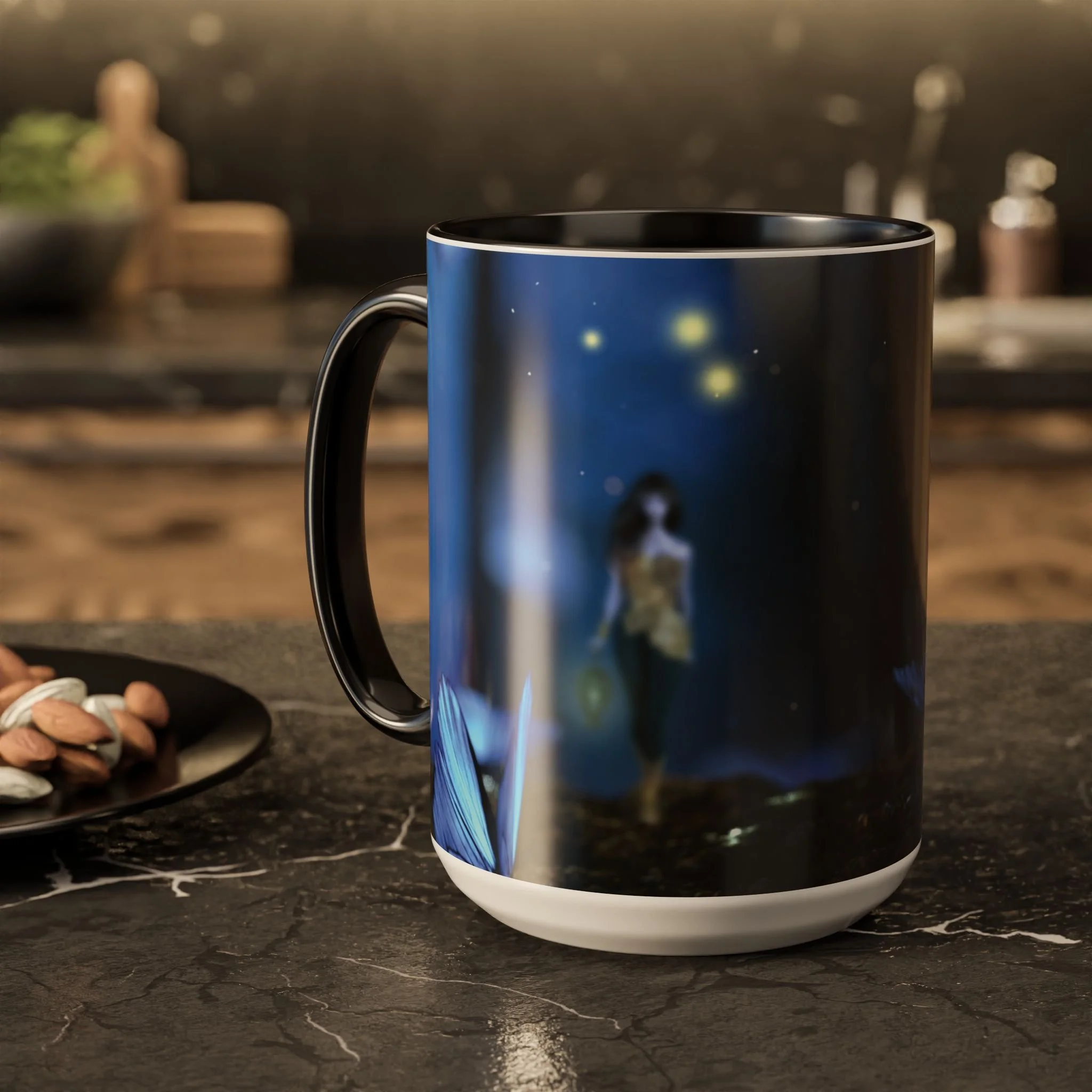 Black-handled fantasy fairy mug featuring a glowing night garden scene with fireflies on a dark countertop