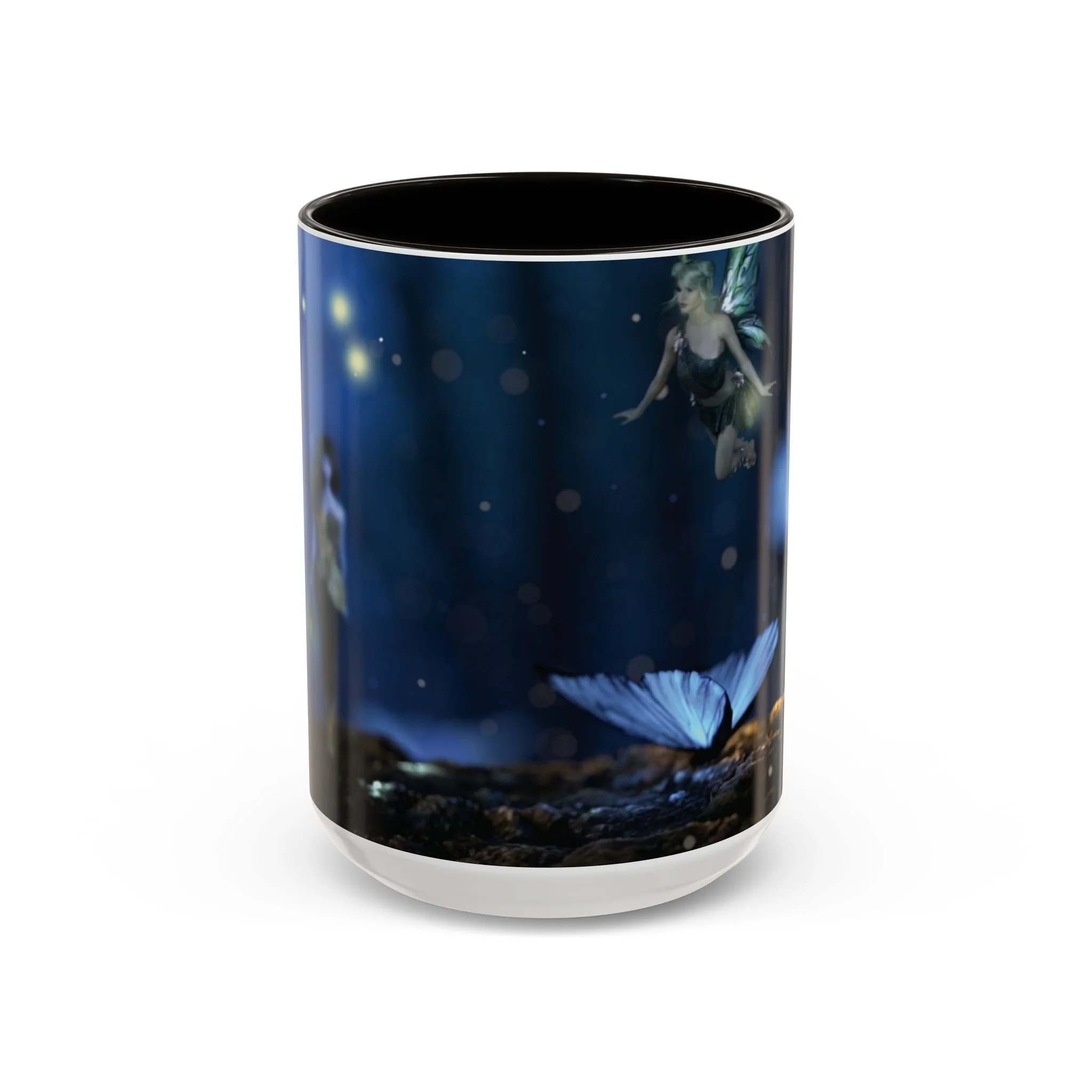 Front view of night garden fairy mug with black handle and glowing firefly artwork