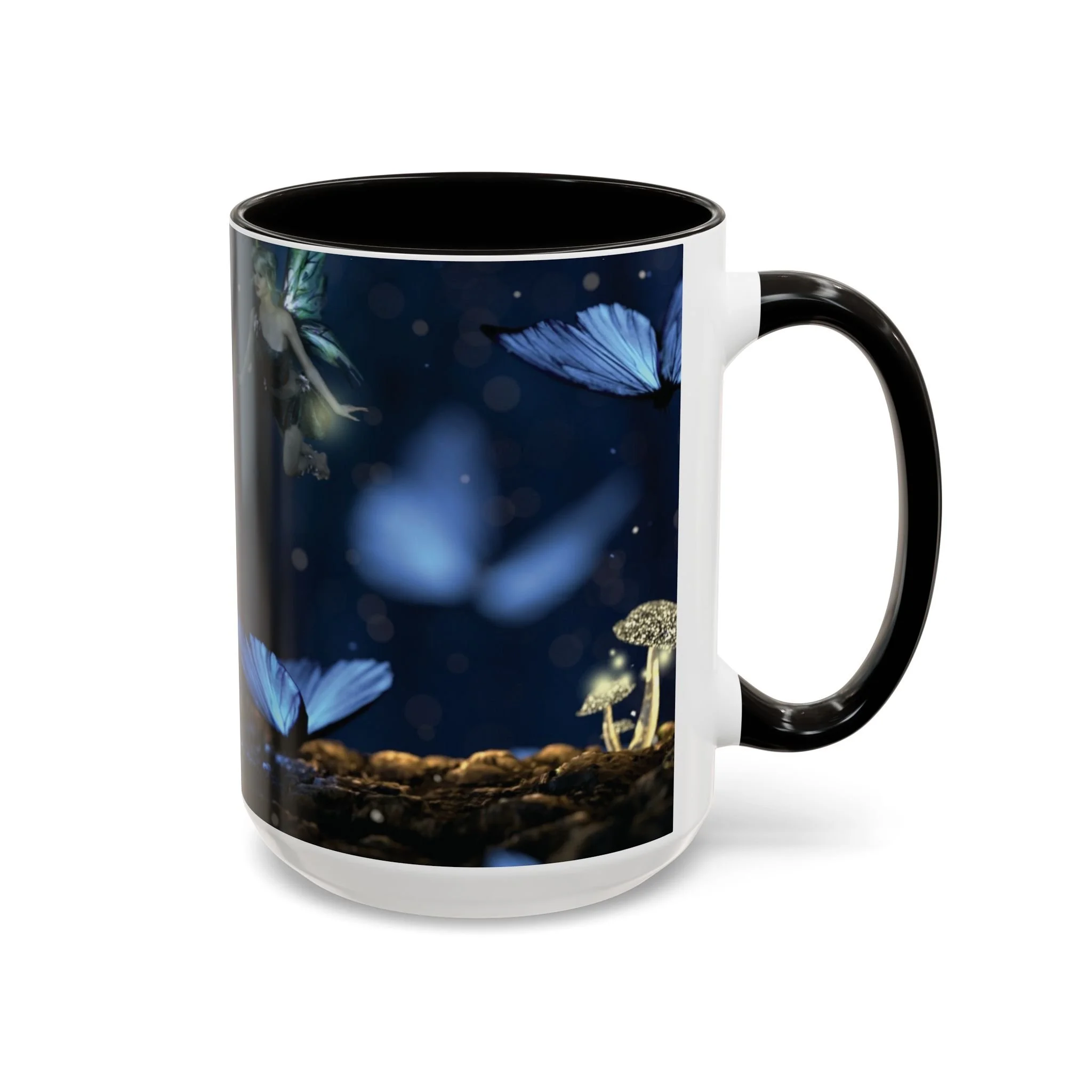 Right side view of fantasy fairy mug showing moonlit garden artwork and black handle