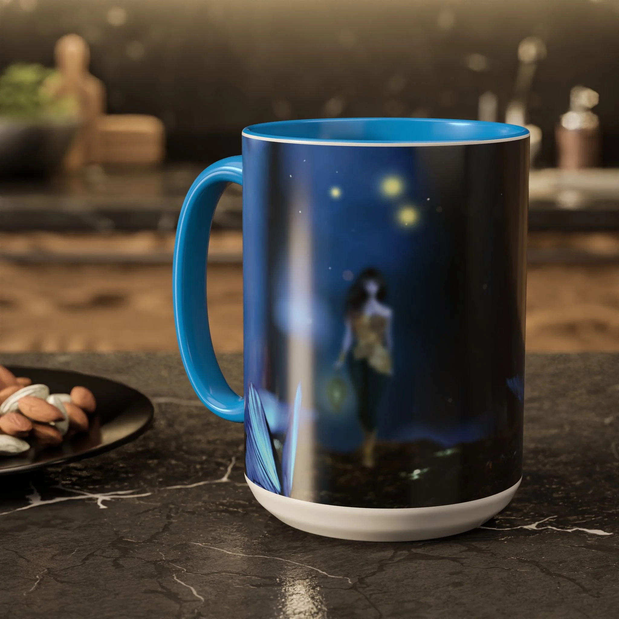 Light-blue handled fairy mug with glowing night garden artwork styled on a cozy tabletop