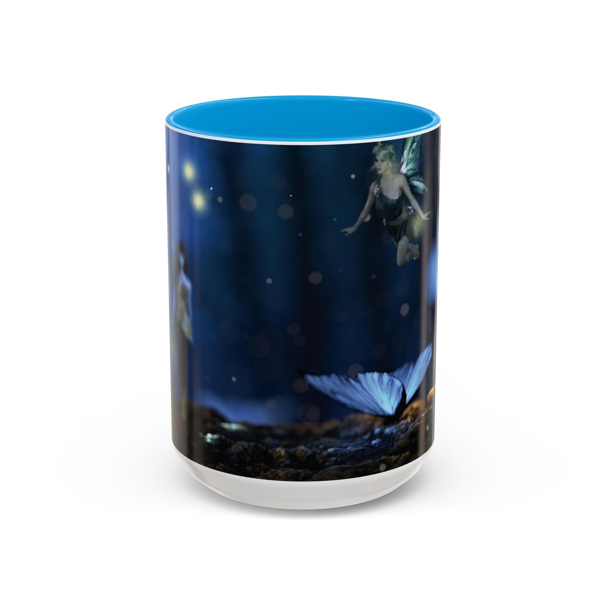 Front view of night garden fairy mug with light blue handle and glowing firefly artwork