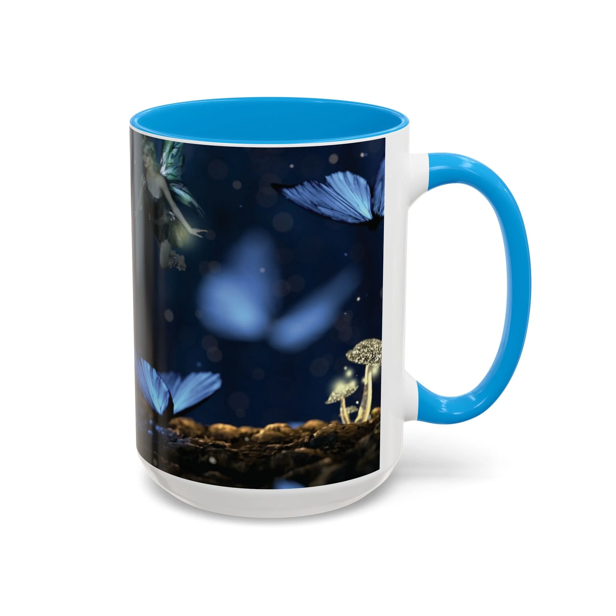 Right side view of fantasy fairy mug showing moonlit garden artwork and light blue handle