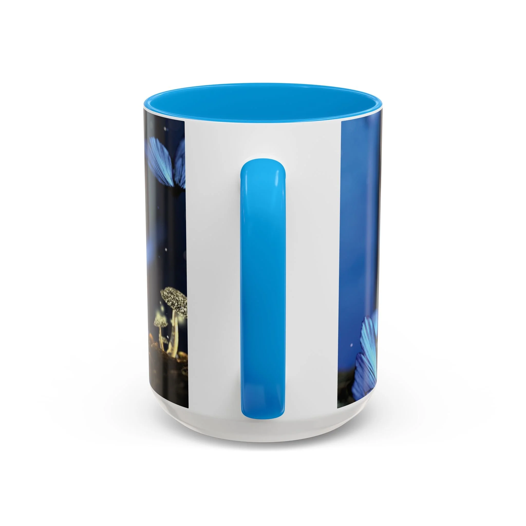 Back view of ceramic fairy mug with light blue handle and wrapped night garden illustration