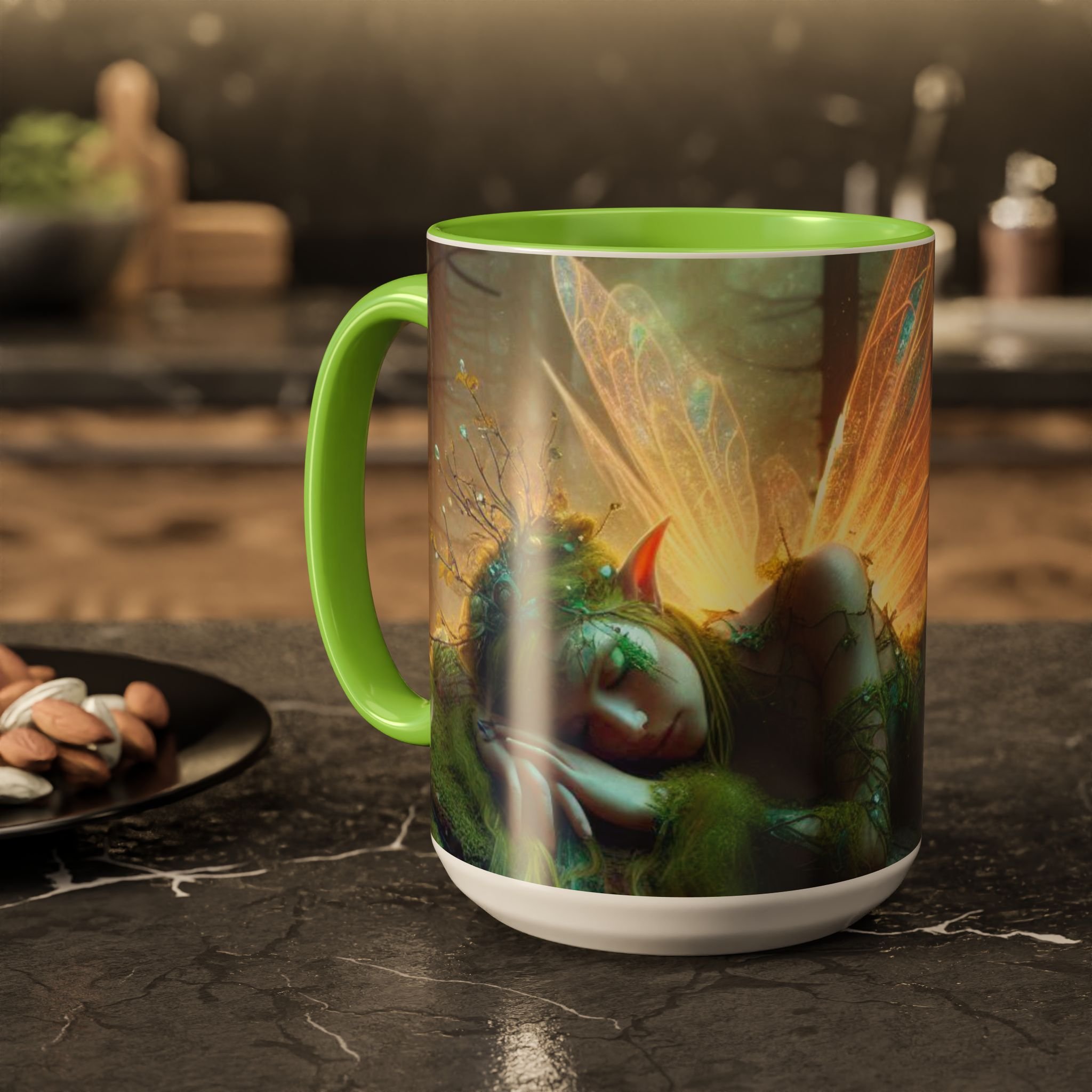 Light green-handled fairy mug featuring a resting fairy beneath glowing wings in a forest setting