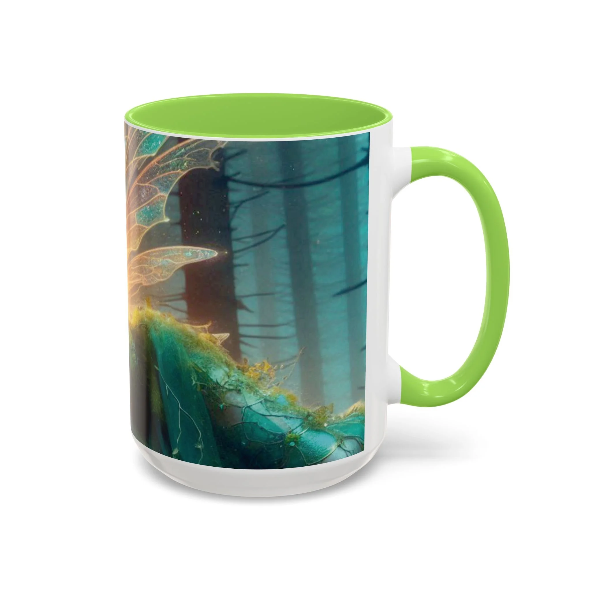 Right side view of fantasy fairy mug with forest background and light green handle