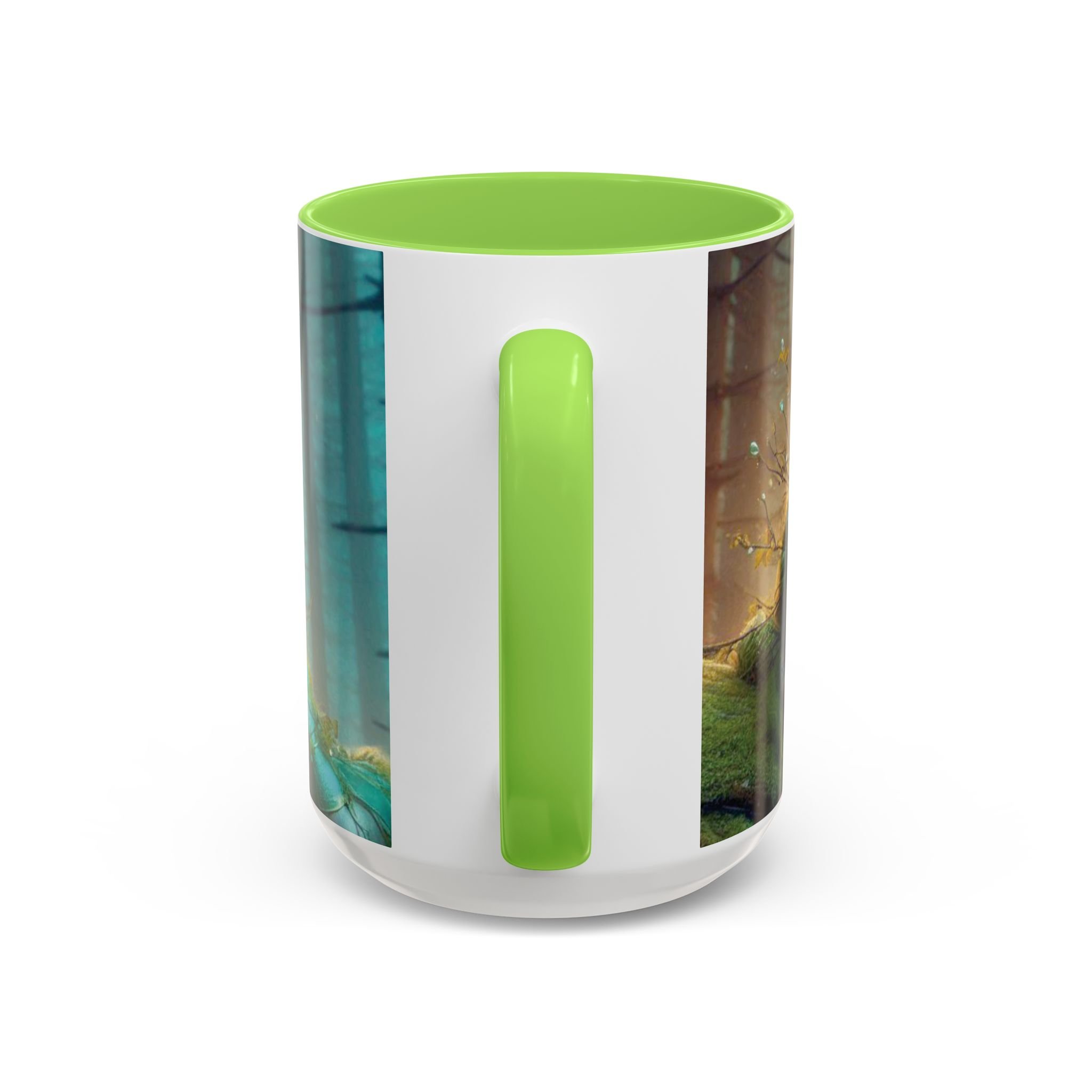 Back view of ceramic fairy mug with light green handle and wraparound forest scene