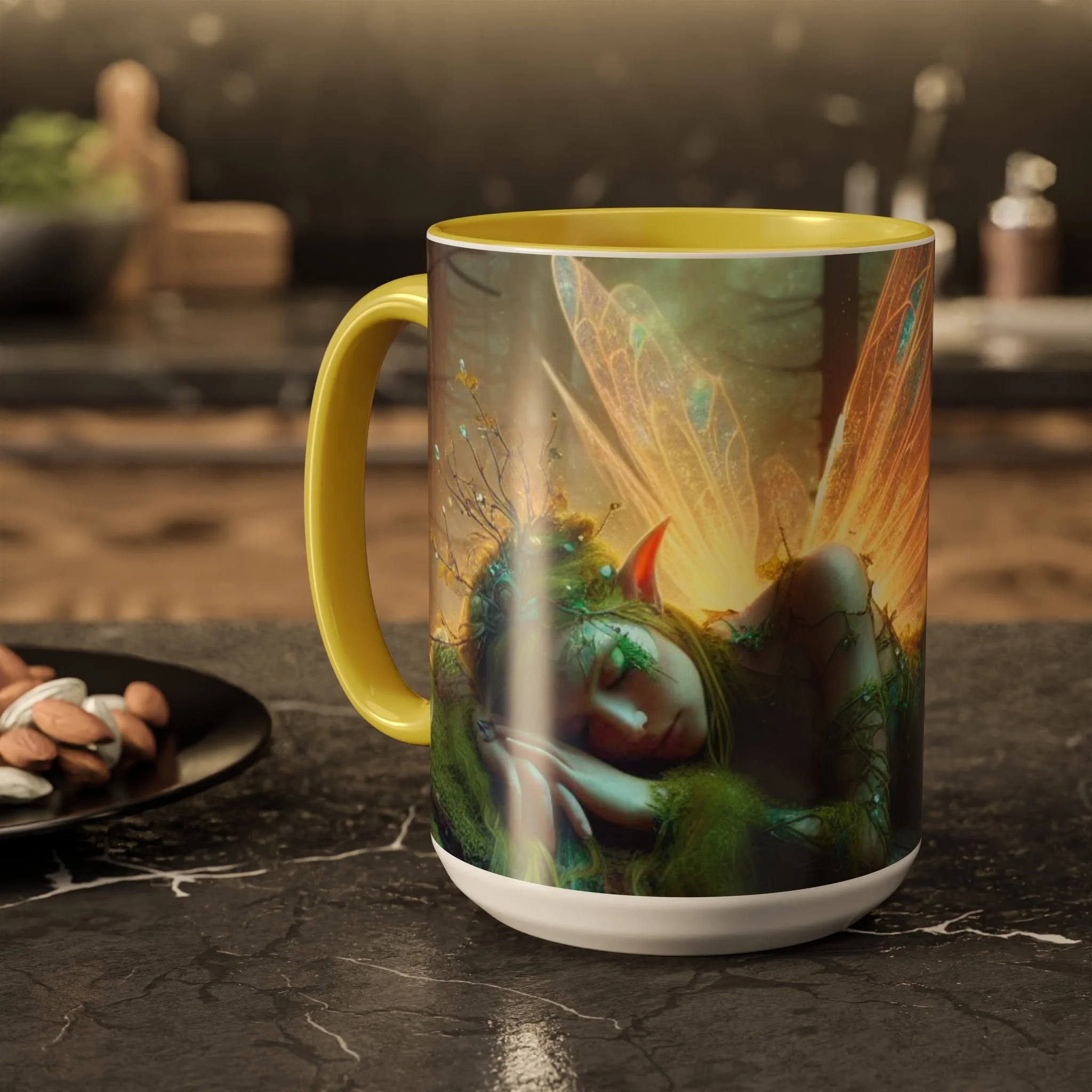 Yellow-handled fairy mug with glowing fernlight artwork styled on a cozy tabletop