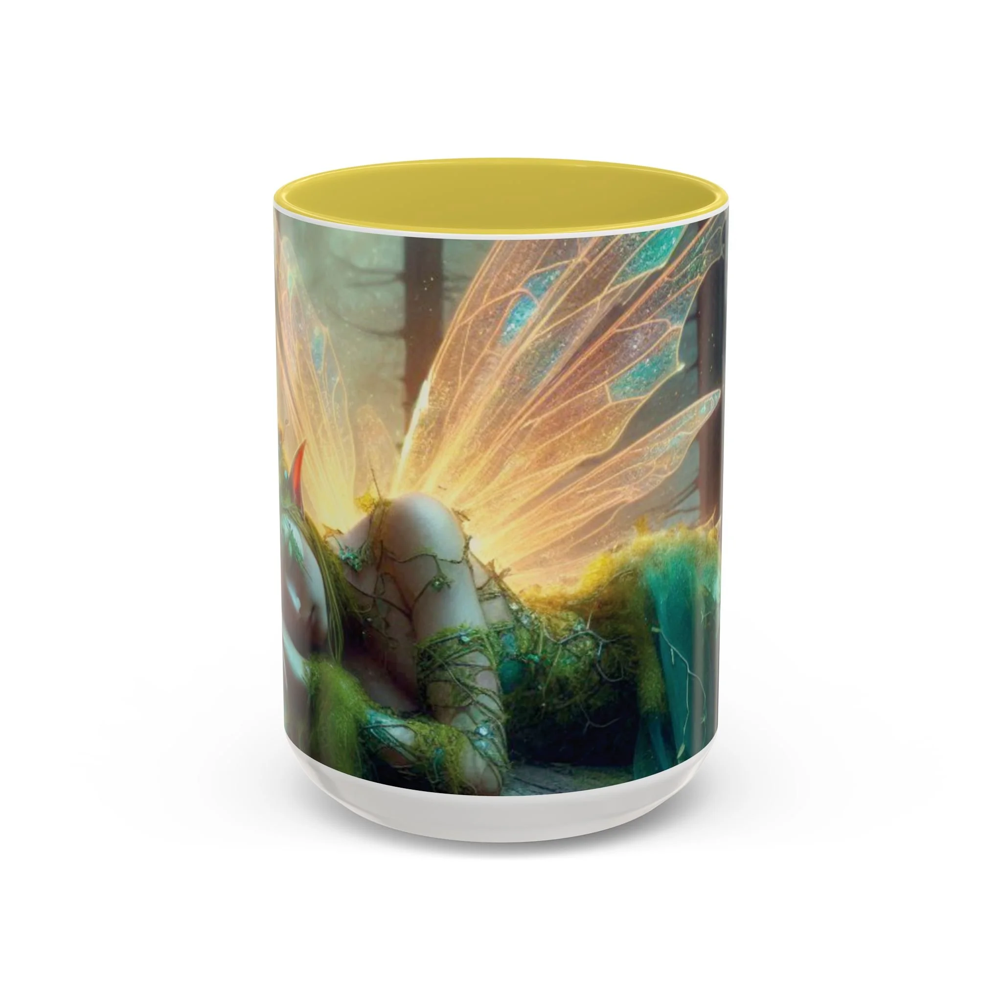 Front view of fernlight fairy mug with yellow interior and glowing wing details