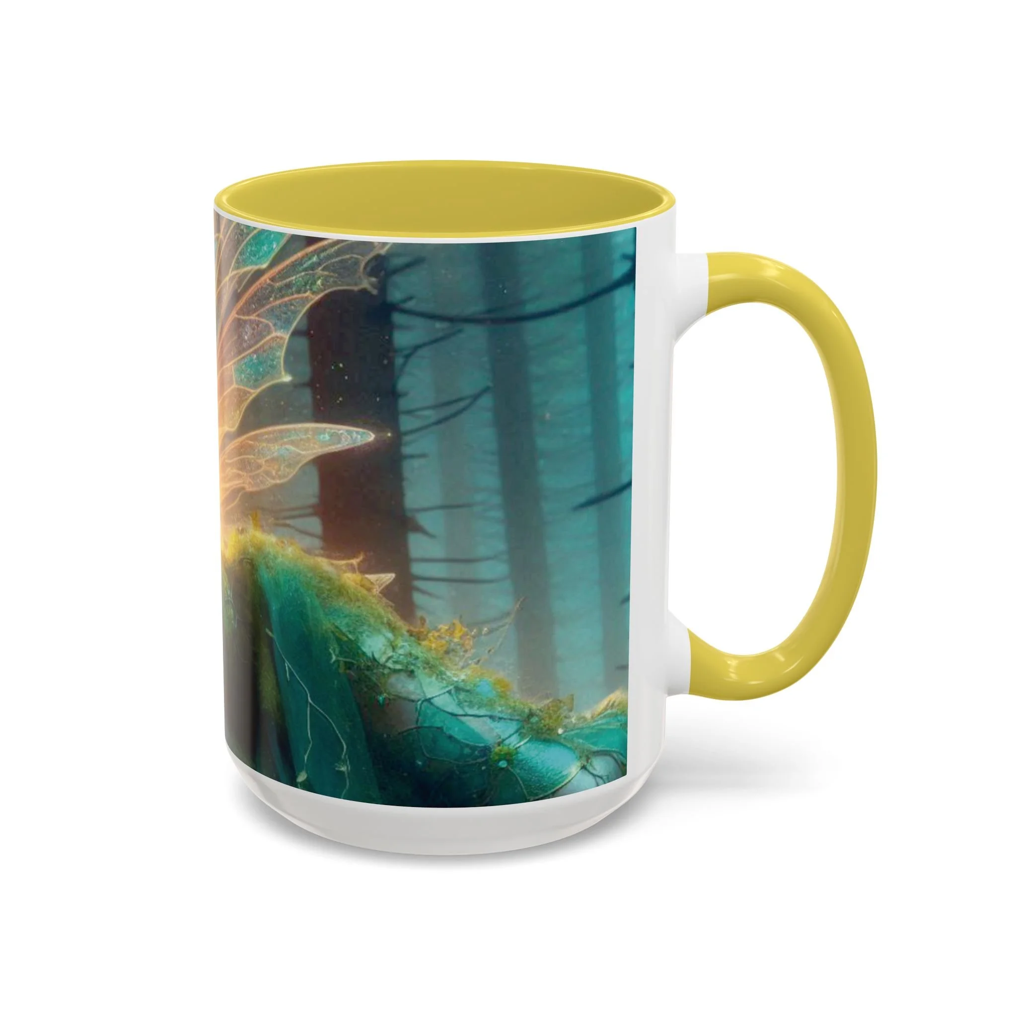 Right side view of fantasy fairy mug with yellow handle and forest artwork