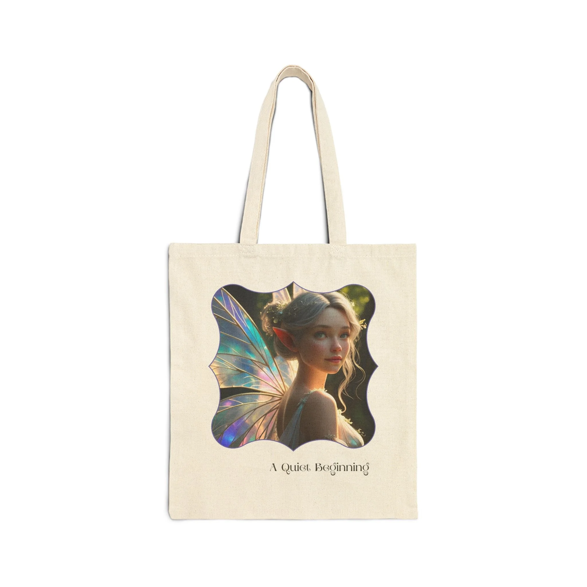 Natural canvas tote bag with scalloped frame fairy artwork titled A Quiet Beginning centered on the front