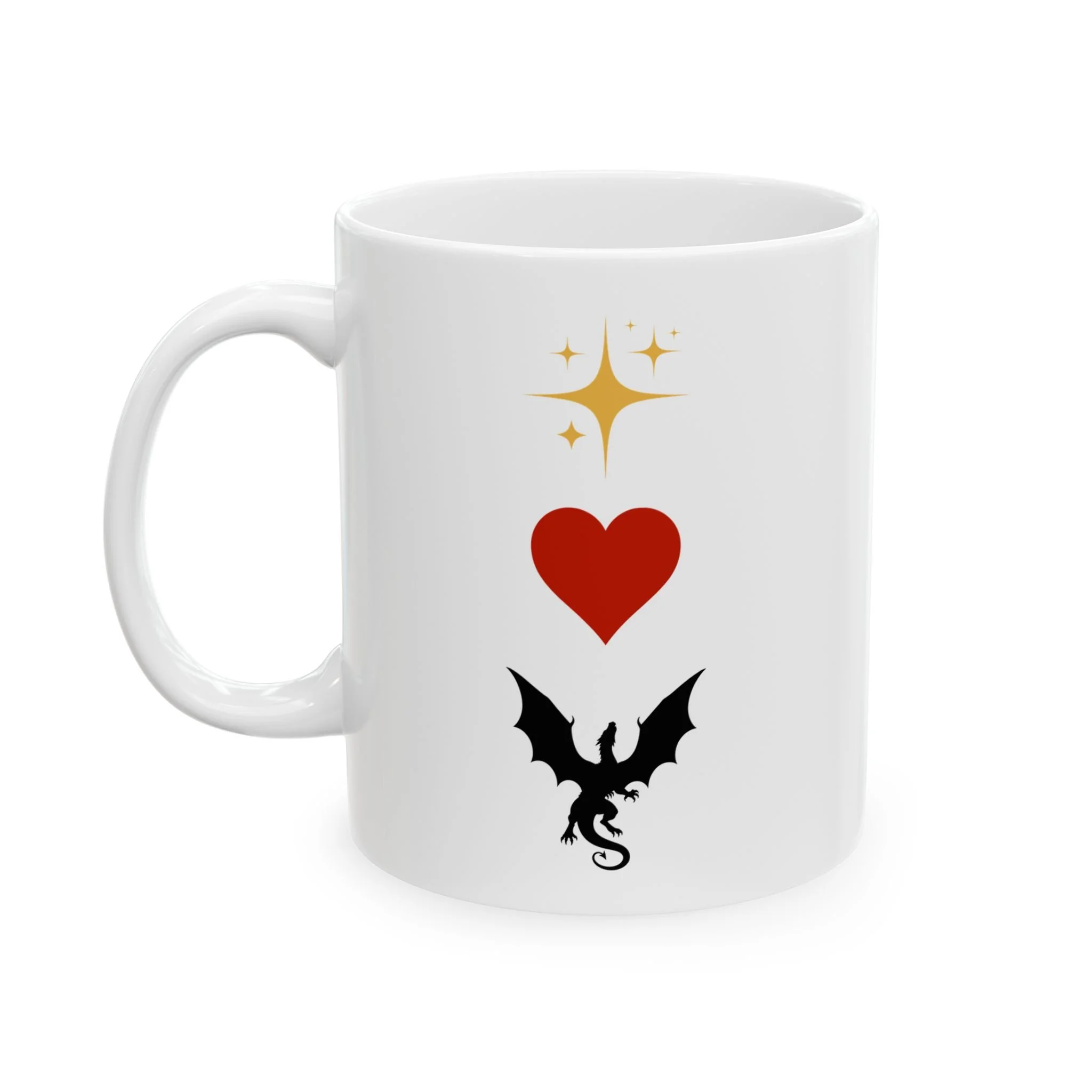 Side view of white ceramic fantasy mug with gold sparkles red heart and small black dragon icon