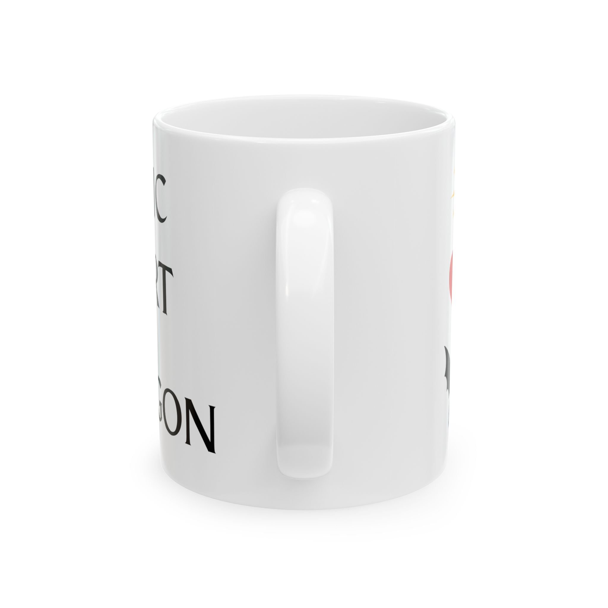 Side view of white ceramic fantasy mug showing handle and partial quote design