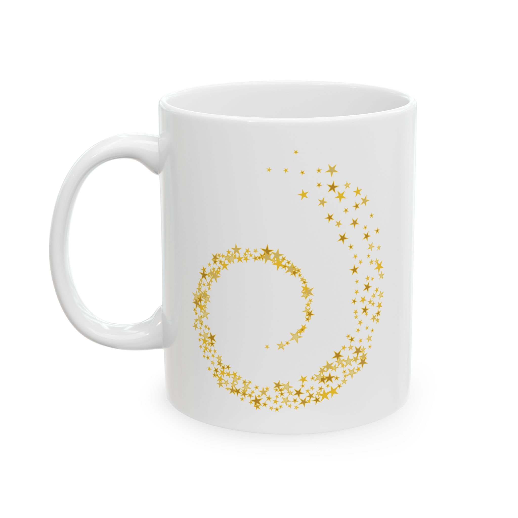 Side view of white ceramic fantasy mug with gold swirl magic design inspired by fairies and elves