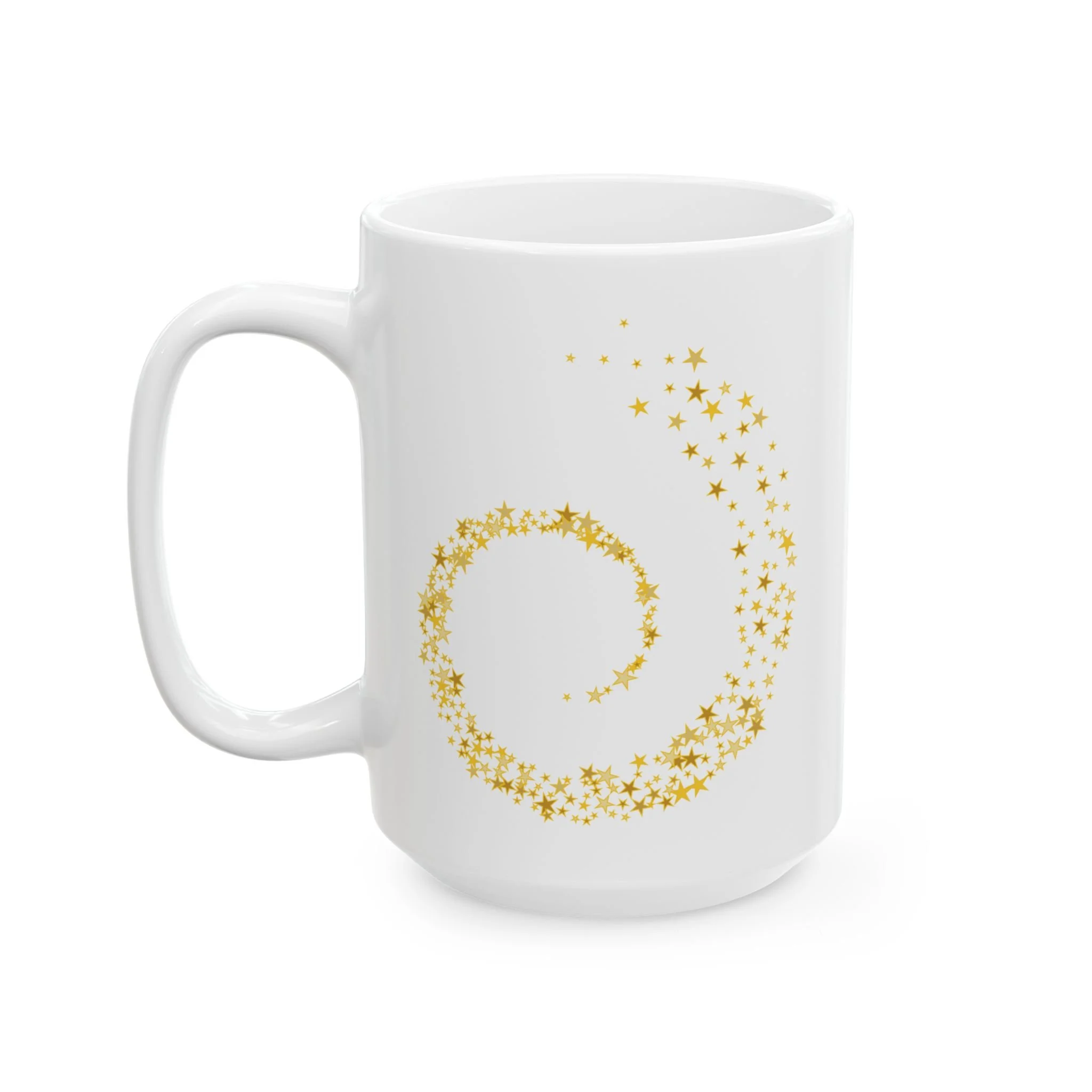 Side view of white ceramic fantasy mug with gold swirl magic design inspired by fairies and elves