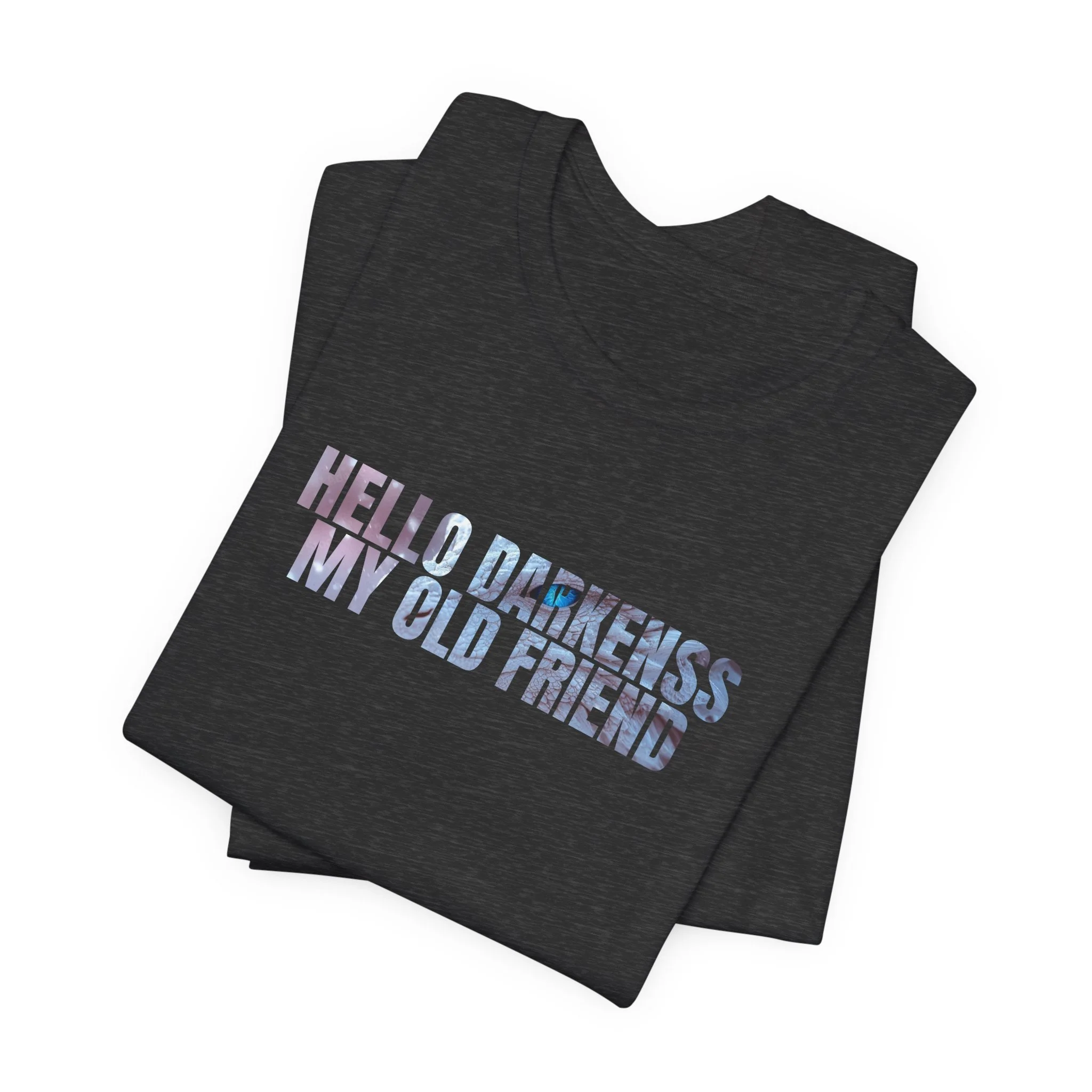 Folded dark gray heather fantasy shirt with hello darkness my old friend dragon typography