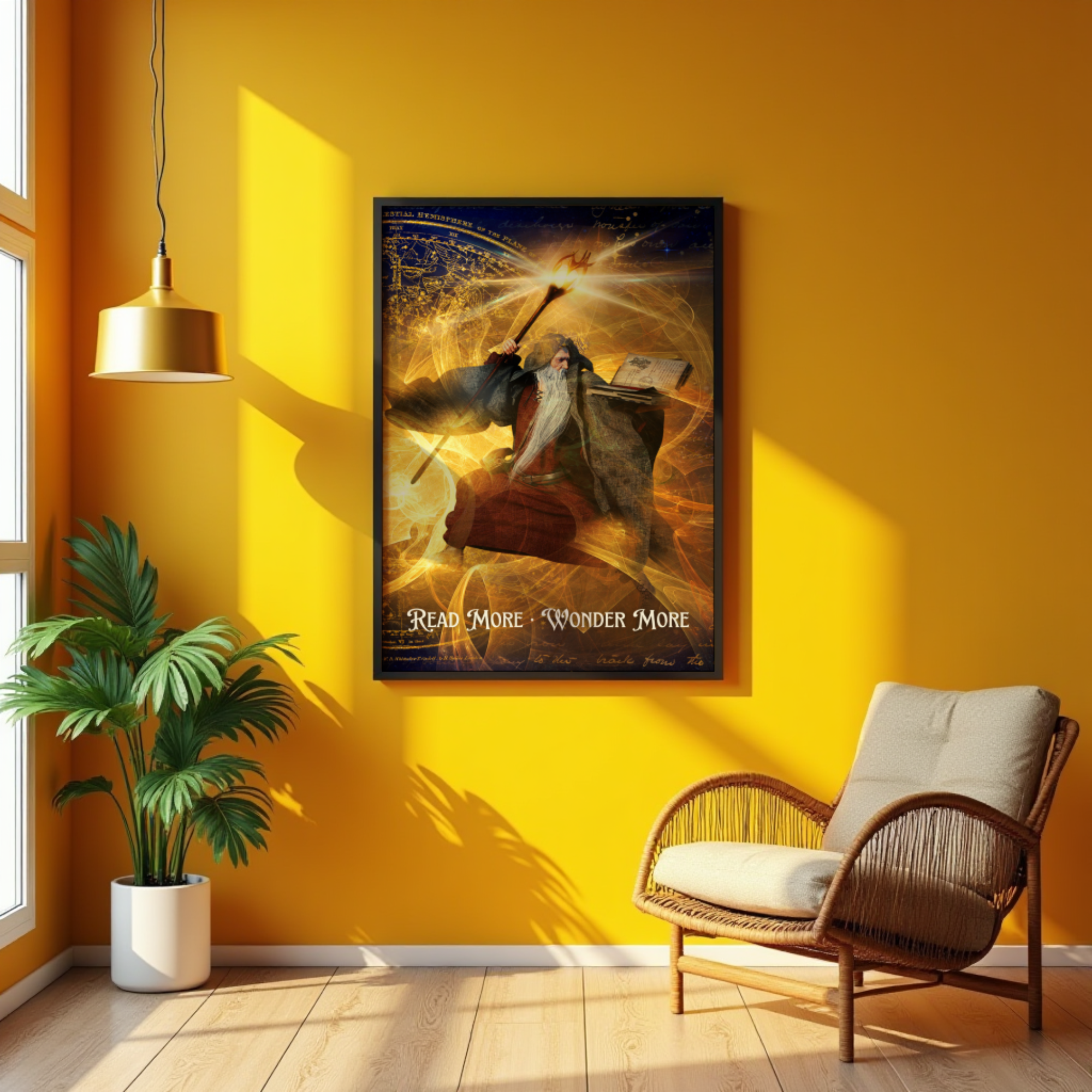 Fantasy wall art poster with a wizard and golden magical energy displayed on a bright yellow wall in a cozy reading nook with a chair and houseplant.