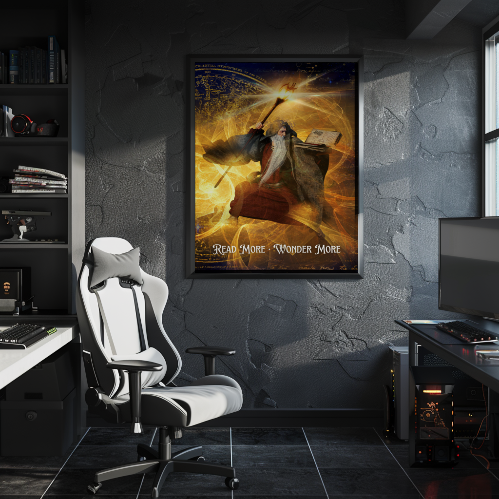 Fantasy wizard wall art poster displayed in a dark modern office with a desk, shelves, and gaming chair, adding dramatic bookish decor to the space.