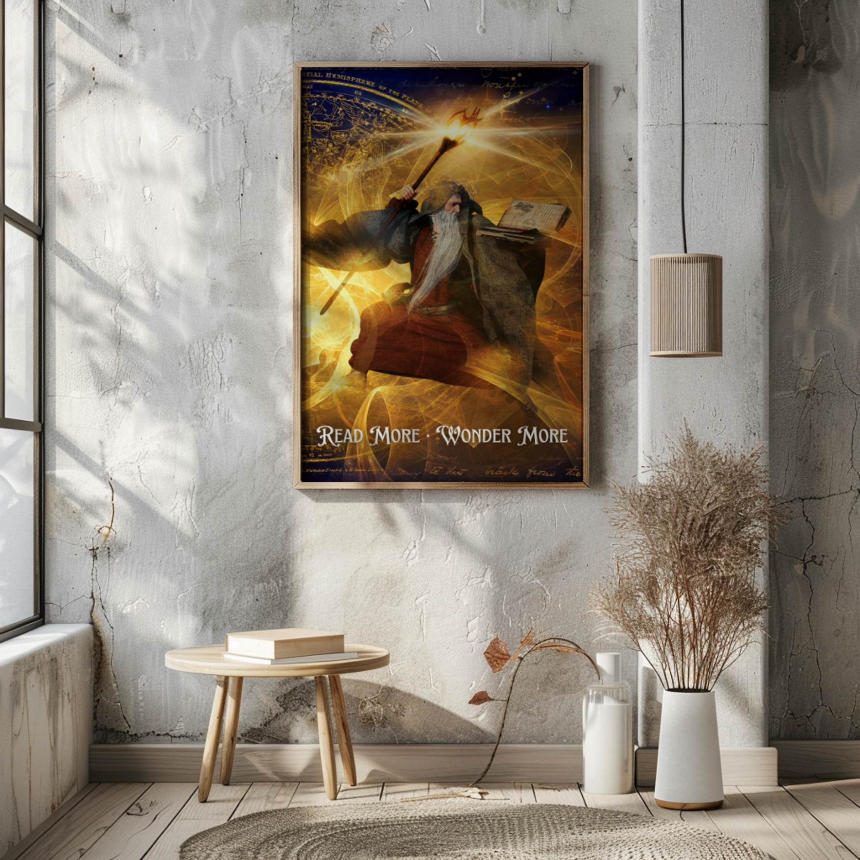Fantasy wall art poster featuring a wizard and glowing magic displayed in a light neutral living space with soft sunlight and minimal decor.