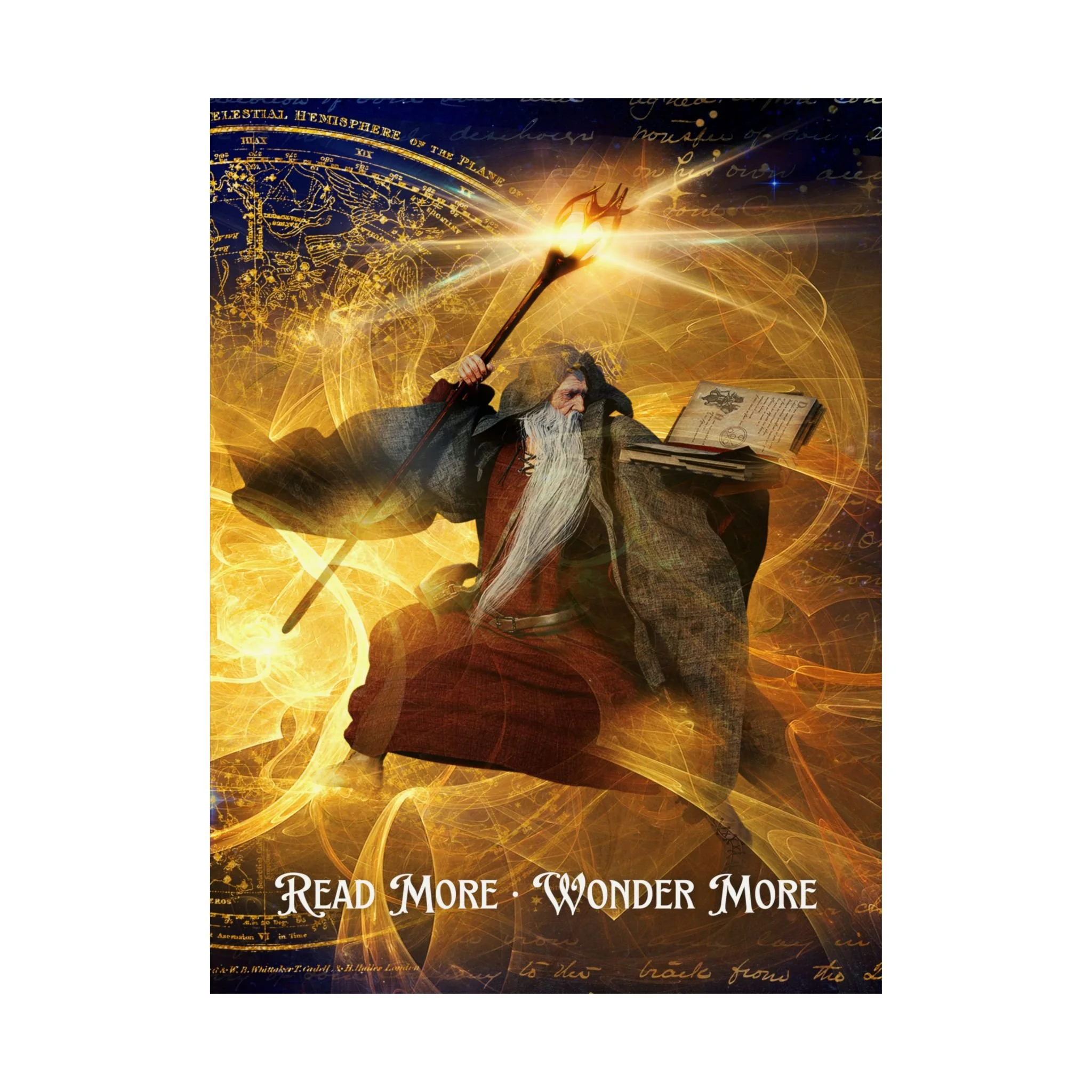 Fantasy wizard wall art poster with swirling golden magic, ancient books, and the phrase “Read More Wonder More” in a classic storybook font.