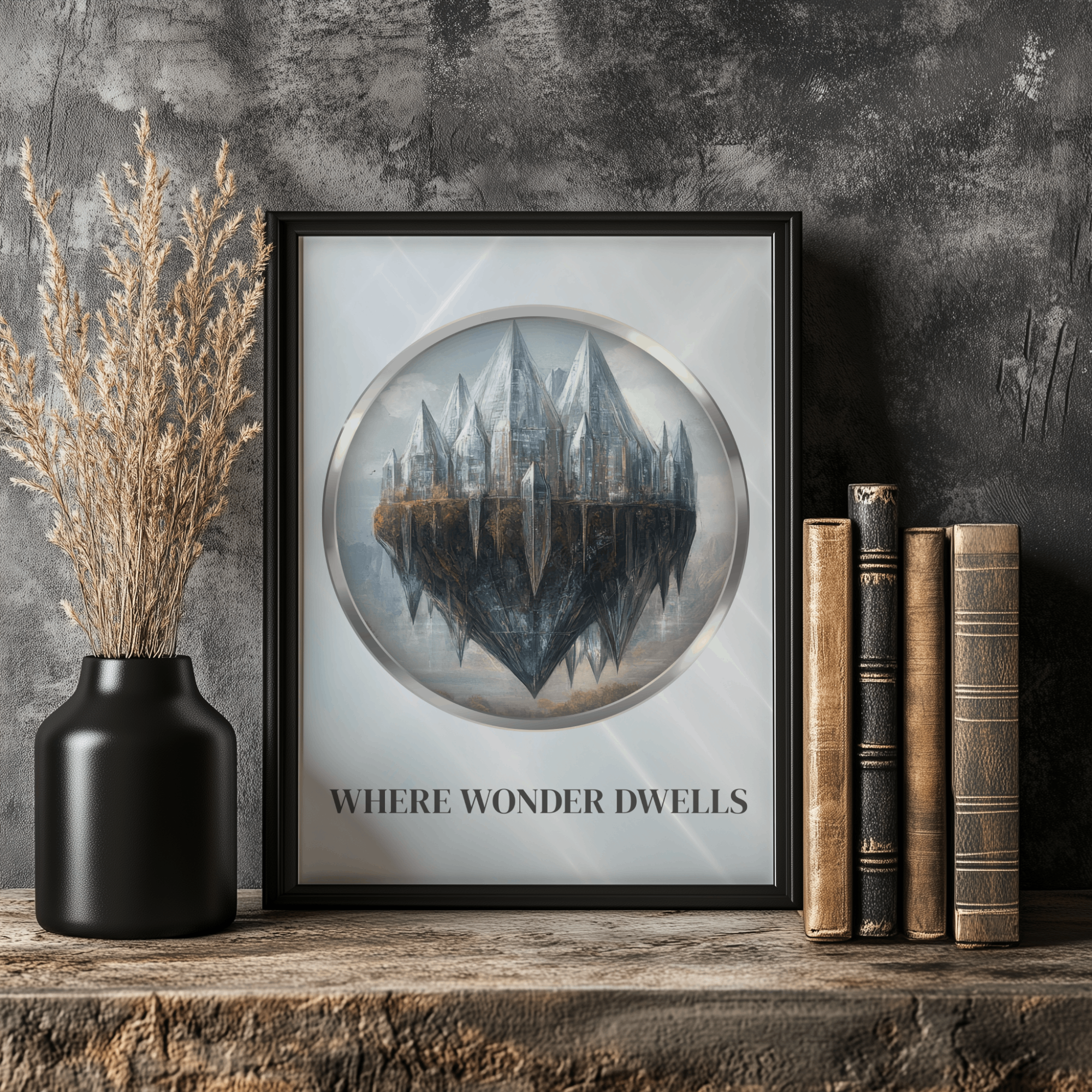 Where Wonder Dwells fantasy wall art displayed on a shelf with stacked books, vase, and rustic decor against a textured gray wall