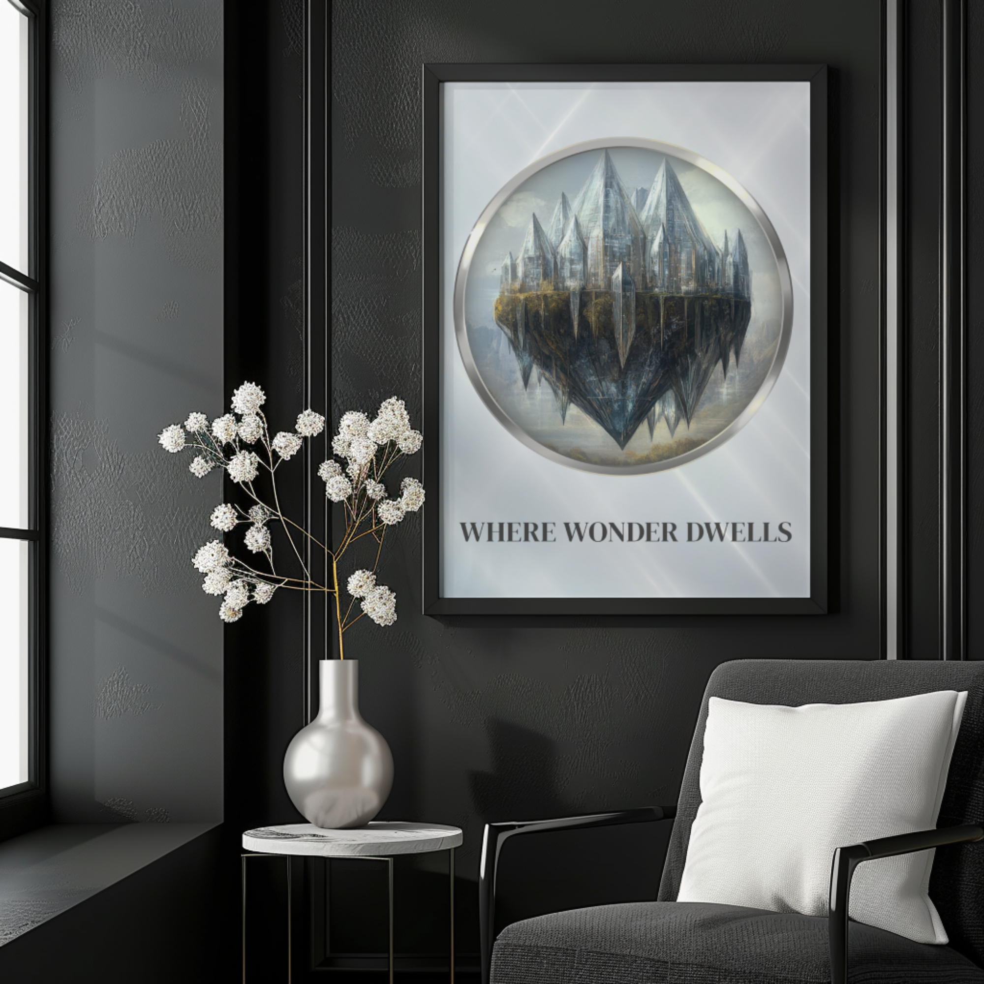 Where Wonder Dwells fantasy wall art hanging above a side table with flowers in a modern bedroom or reading nook setting