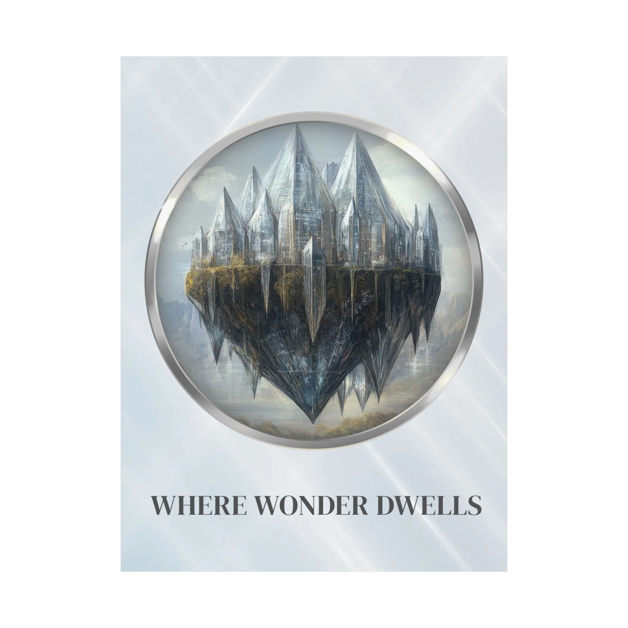 Where Wonder Dwells fantasy wall art featuring a floating crystal city suspended inside a circular frame on a light background