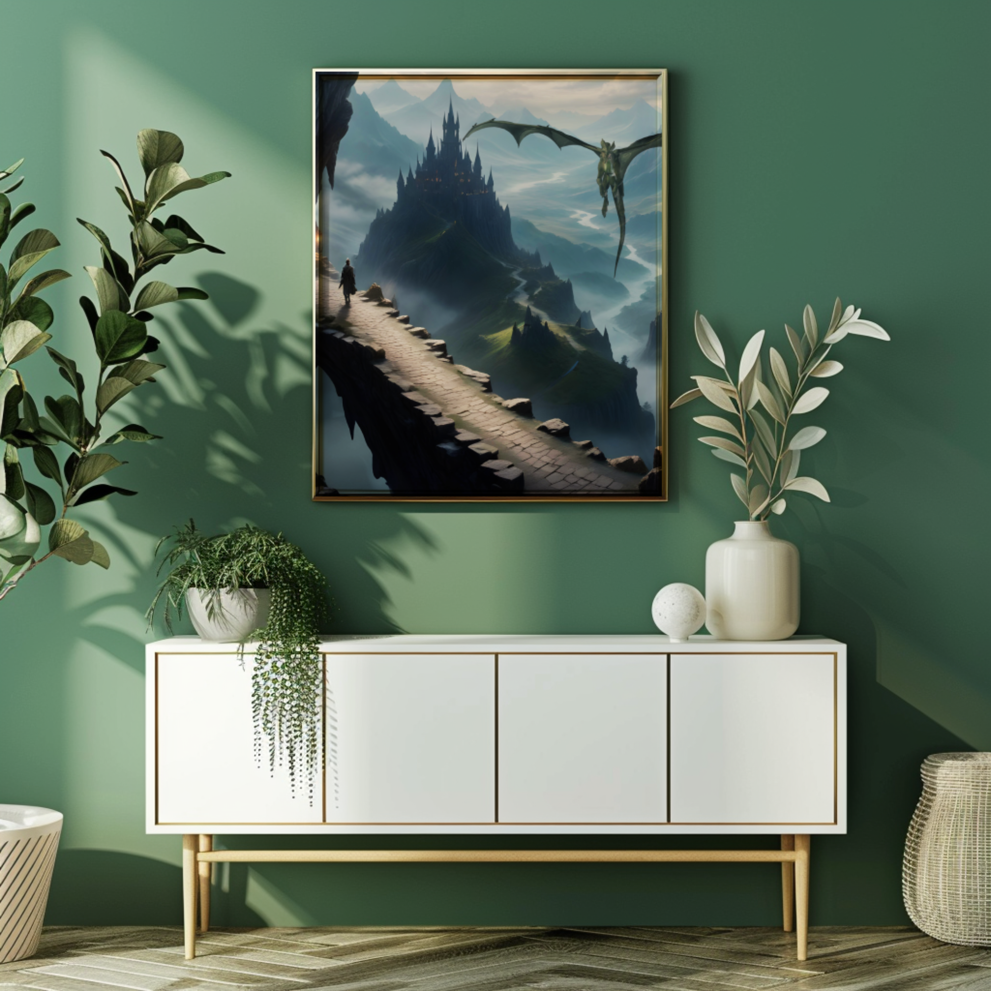 Fantasy wall art titled “The Crossing” displayed above a console with plants and decor in a modern living room setting